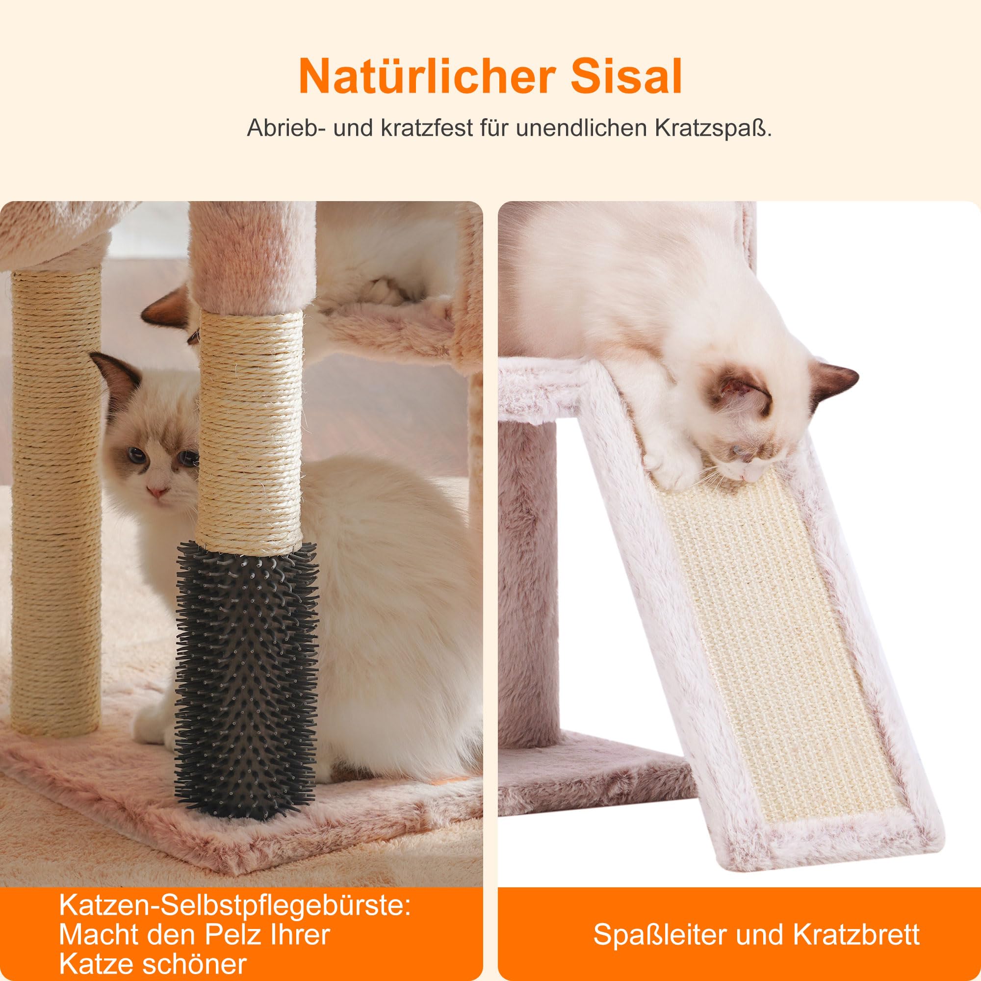 Heybly Kratzbaum mit Katzenbürste, Katzenbaum für Hauskatzen mit Gepolsterter Sitzstange aus Plüsch, Katzenkratzbaum mit Korb, Kratzbrett und Kratzbaum, Hellgrau HCT005SW