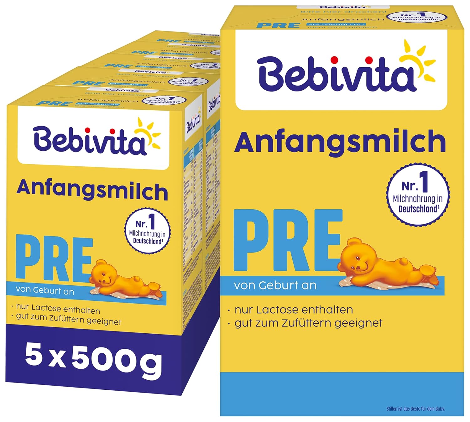 Bebivita PRE Anfangsmilch (5 x 500g), von Geburt an, enthält nur Lactose als Kohlenhydrat, gut zum Zufüttern