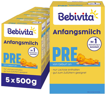 Bebivita PRE Anfangsmilch (5 x 500g), von Geburt an, enthält nur Lactose als Kohlenhydrat, gut zum Zufüttern