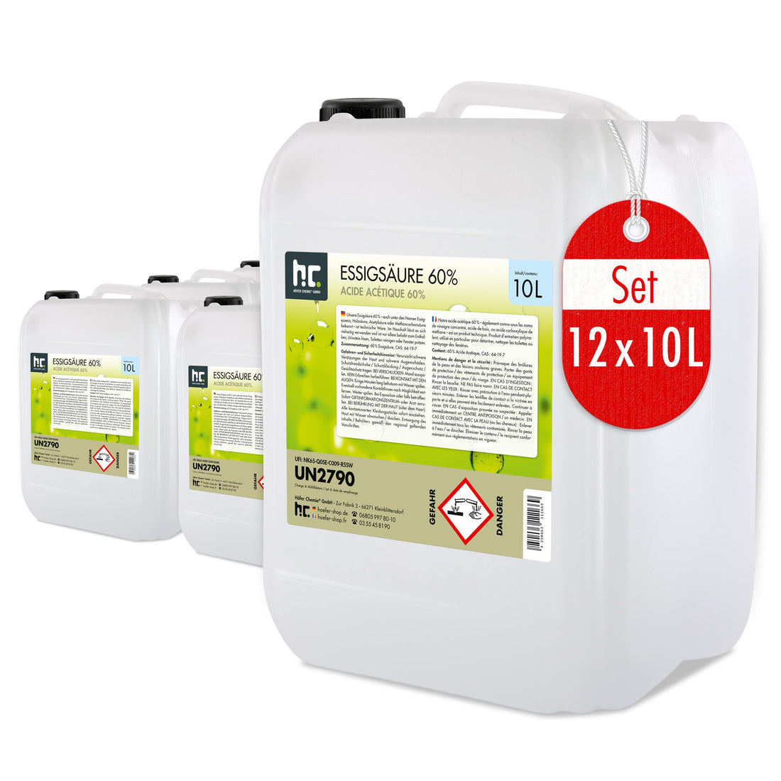 Höfer Chemie 2 x 10 L Essigsäure 60% - optimaler Reiniger und Entkalker - Premium Qualität Made in Germany - frisch abgefüllt im handlichen Kanister