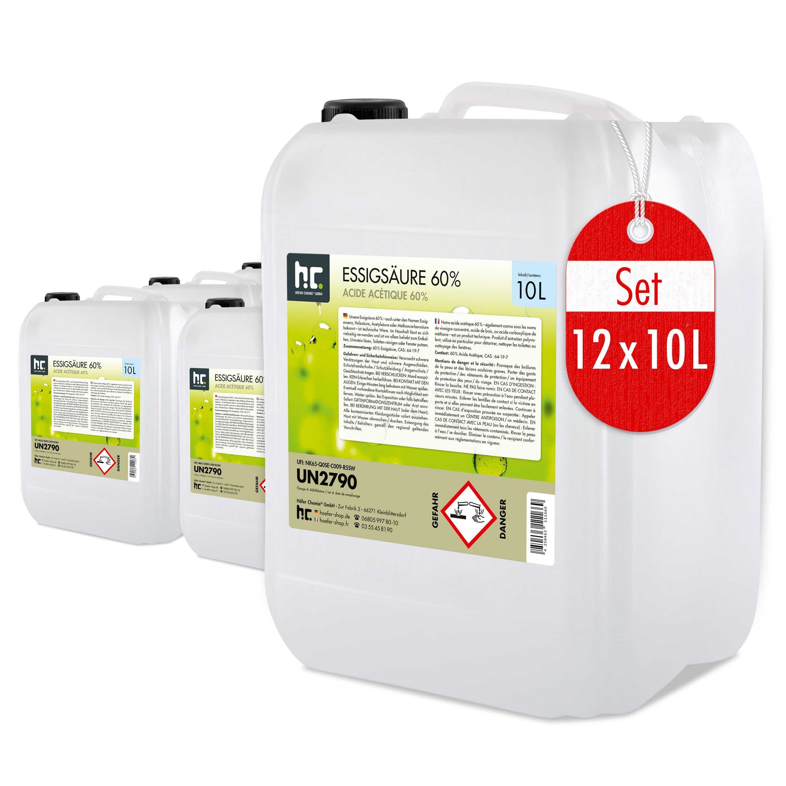 Höfer Chemie 2 x 10 L Essigsäure 60% - optimaler Reiniger und Entkalker - Premium Qualität Made in Germany - frisch abgefüllt im handlichen Kanister