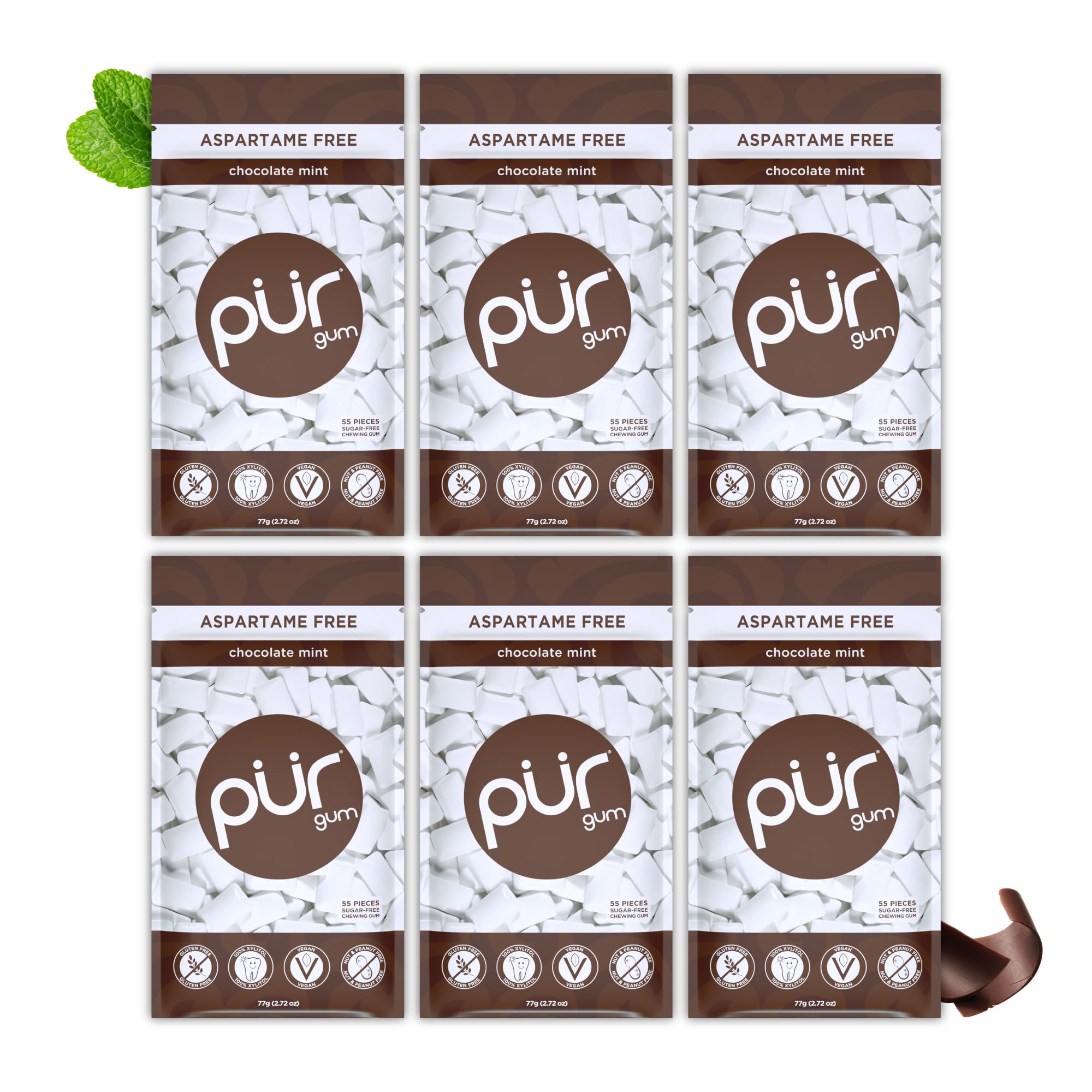 PUR Gum | Zuckerfreier Kaugummi | Mit Xylit | Vegan, Aspartamfrei & Glutenfrei | Natürlicher Kaugummi Mit Spearmint-Geschmack, 55 Stück (3er Pack)