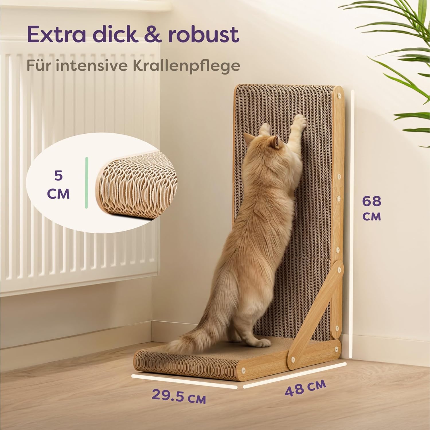 Knupis Kratzbrett Katze Groß 68 cm - Kratzfeste Kratzpappe für Katzen zur Krallenpflege - Bis zu 2 Jahre Kratzspaß - Leichte Montage - Wendbares Design L förmig - Kratzmatte für Sofa & Wandschutz