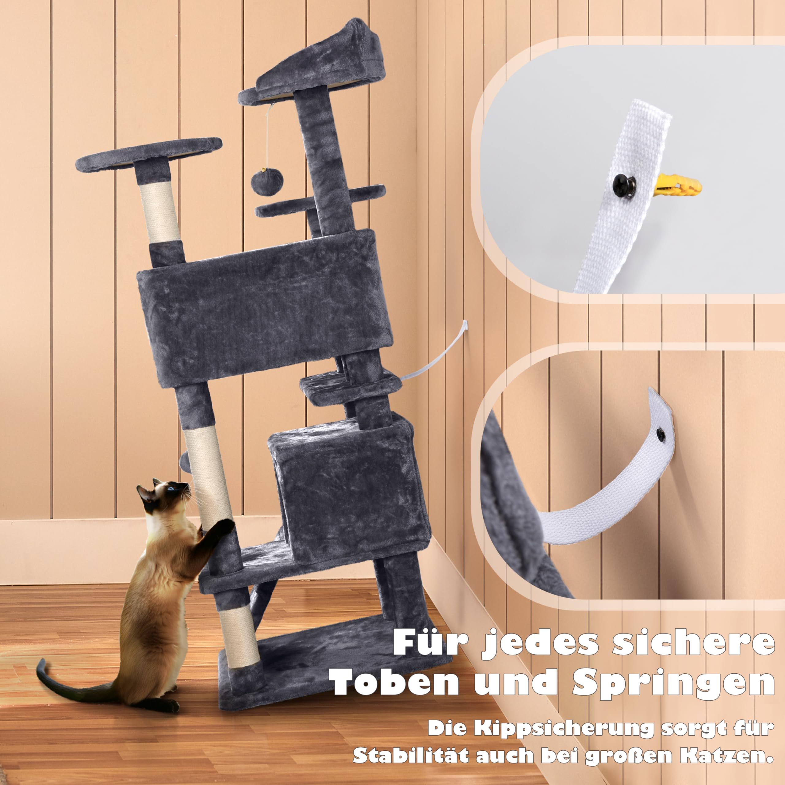 Yaheetech Kratzbaum Groß, 139 cm hoch, Mehrstöckiger Katzenbaum Kletterturm mit 3 Kratzsäulen, 3 Plattformen, 2 Gemütlichen Höhlen, 2 Plüschbällen, Stabiler Aktivitätsbereich für Katzen, Dunkelgrau
