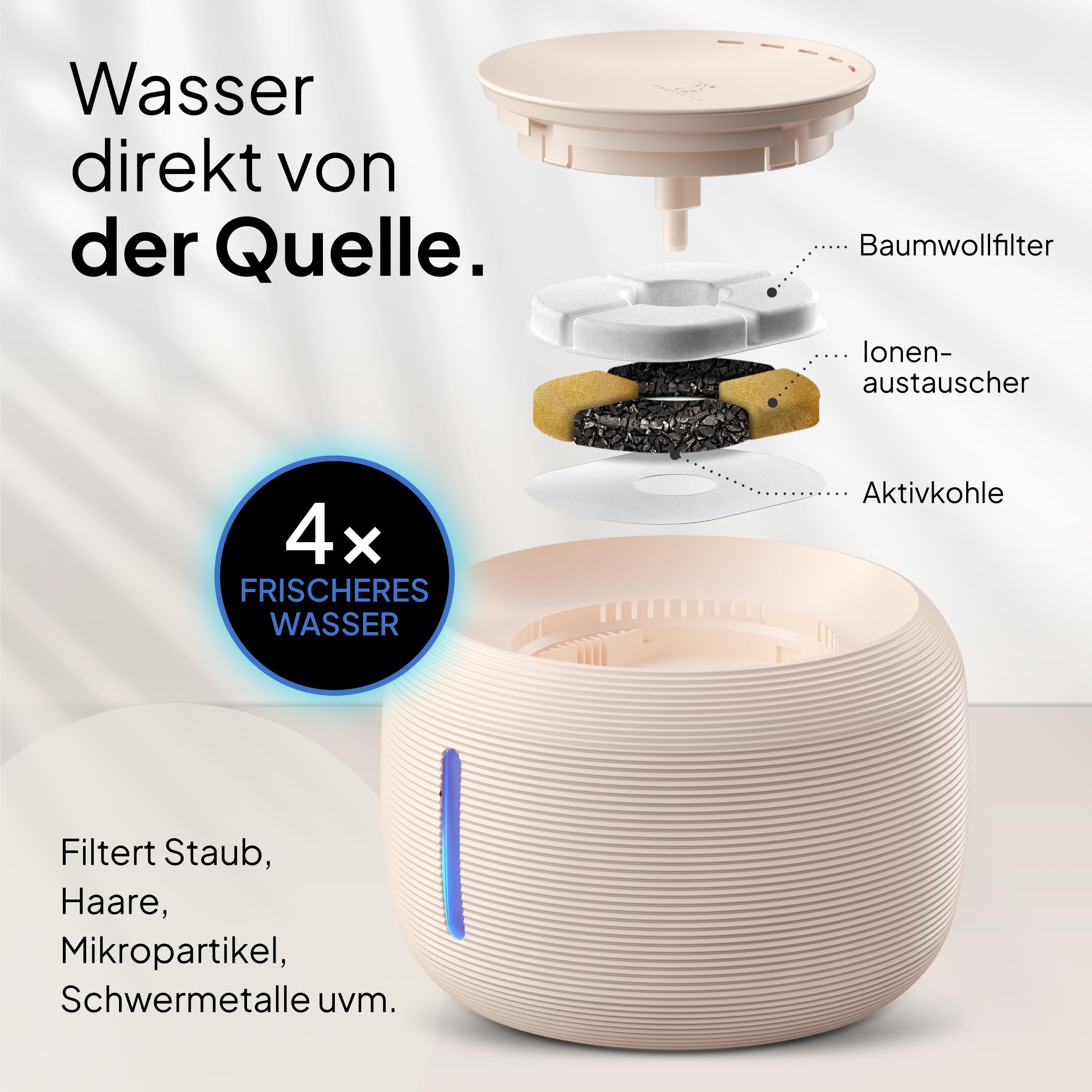 Pretty Paw Trinkbrunnen für Katze – Flüsterleiser 2,5L Katzenbrunnen mit LED & Aktivkohlefilter - BPA-frei & leicht zu reinigen - Hochwertige Lösung zum fairen Preis - KatzenOase Pro