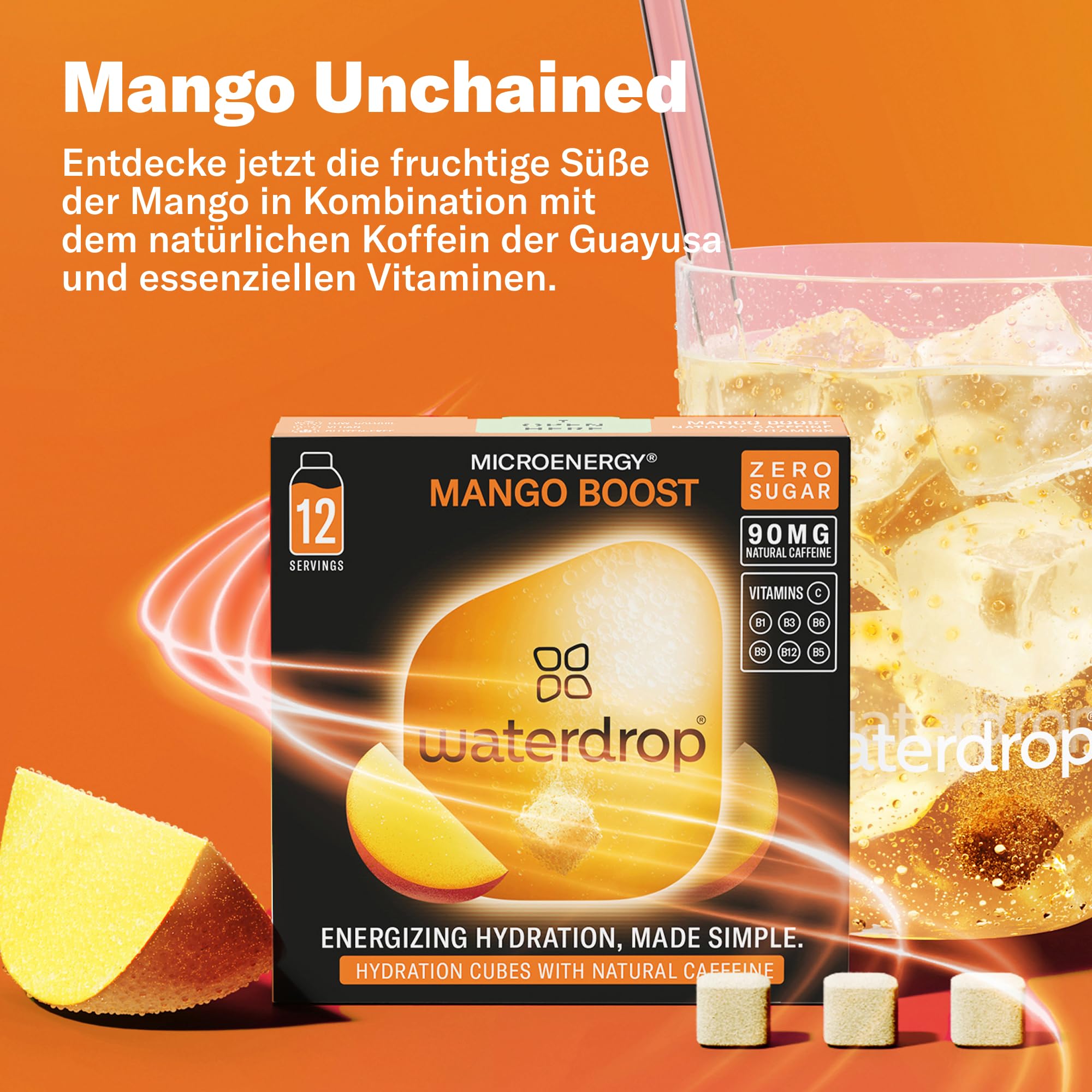 waterdrop® Microenergy Set, Energy Drink Pulver, 36 Würfel Getränkepulver, Mango, Kirsche & Brombeere Geschmack, Zuckerfrei & Kalorienarm, Mit 90 mg Natürlichem Koffein, Vitamin C & B – Flavour Drops