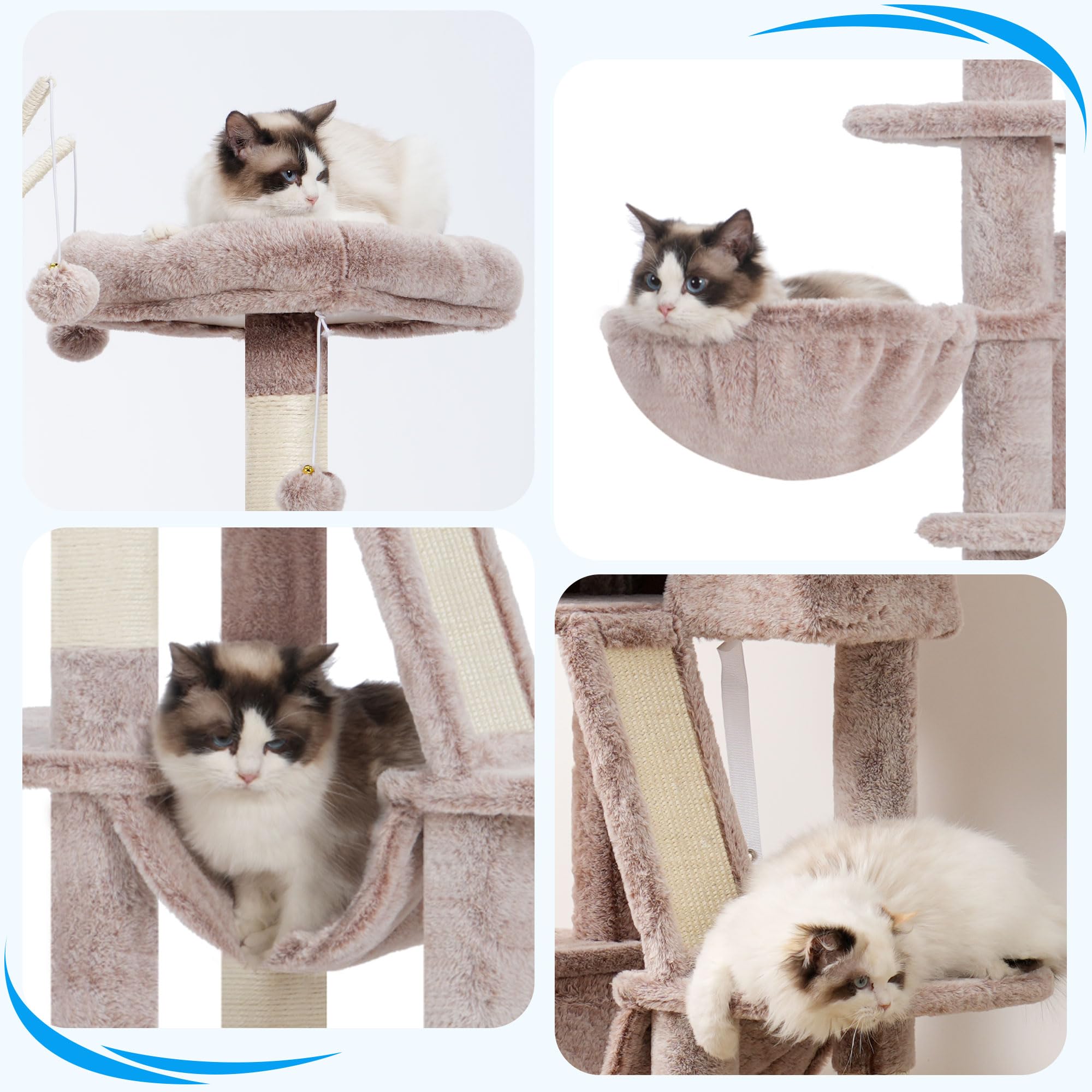 Hey-Brother Kratzbaum, 135 cm Indoor Katzenbaum, Mit gepolsterter Plattform Bett, Spielzeug Ball, Höhlen, Hängematte und Sisal Kratzbaum Katzenhaus, Hellgrau MPJ019-SW