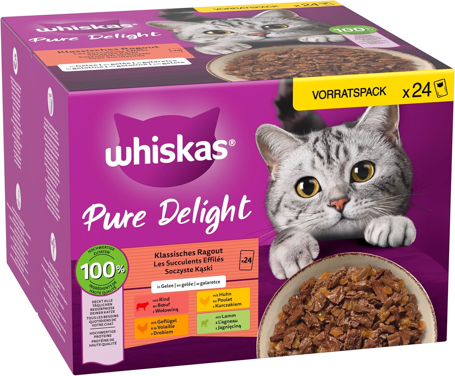 Whiskas 1+ Katzennassfutter Ragout Geflügel Auswahl in Gelee, 40x85g (1 Packung) – Hochwertiges Nassfutter für ausgewachsene Katzen in 40 Portionsbeuteln