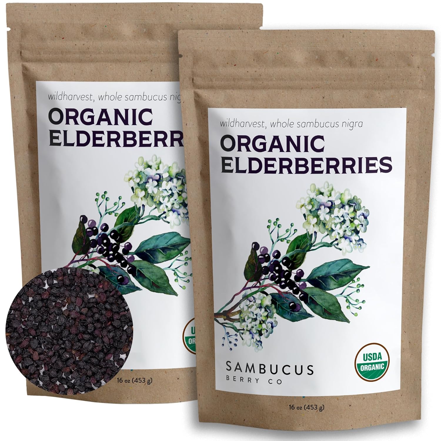 Certified USDA - 100% Organic Dried Elderberries - 1lb Bulk - Non-Irradiated, Non-GMO, Wild Harvest, Whole Black Elderberry Immune Support - Raw Vegan Sambucus 1 Pound