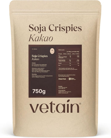 VETAIN Soja Crispies Kakao - 750g - 77% Proteingehalt - Vegan - Ohne Zucker & laktosefrei - Sojaprotein ideal als Topping oder proteinreiche Snackalternative - produziert in Deutschland