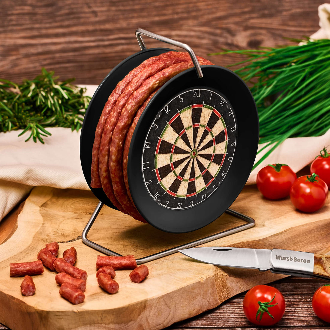 WURSTBARON® Wurst Kabeltrommel im Dartboard Design, 3,5m Wurst nach Krakauer Art, hochwertige Qualität und rauchiges Aroma, lustiges Geschenk, 240 g