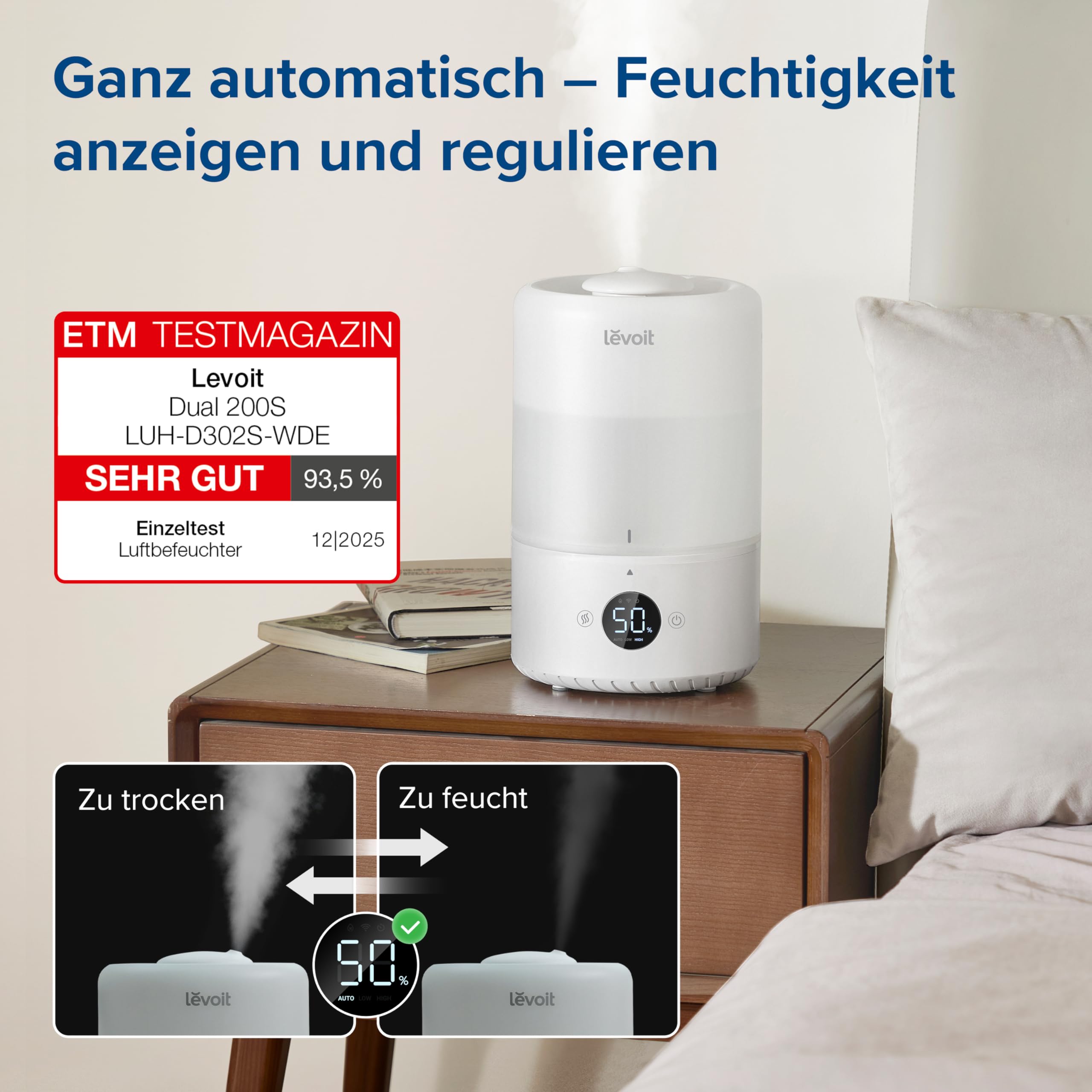 Levoit Luftbefeuchter Schlafzimmer, 23dB leise Humidifier, Top-Fill für Baby, bis 25H, Raumbefeuchter mit 360 grad Drehdüse für Kinderzimmer, Pflanzen, Auto Shut-off, 2,5 L, Weiß