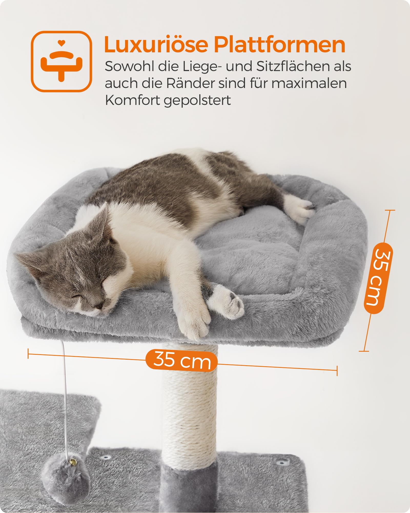 Feandrea Kratzbaum, 143 cm hoch, Katzenbaum, mehrstöckiges Katzenhaus, mit 4 Kratzsäulen, 2 Plattformen, Hängematte, Höhle, hellgrau PCT161W01