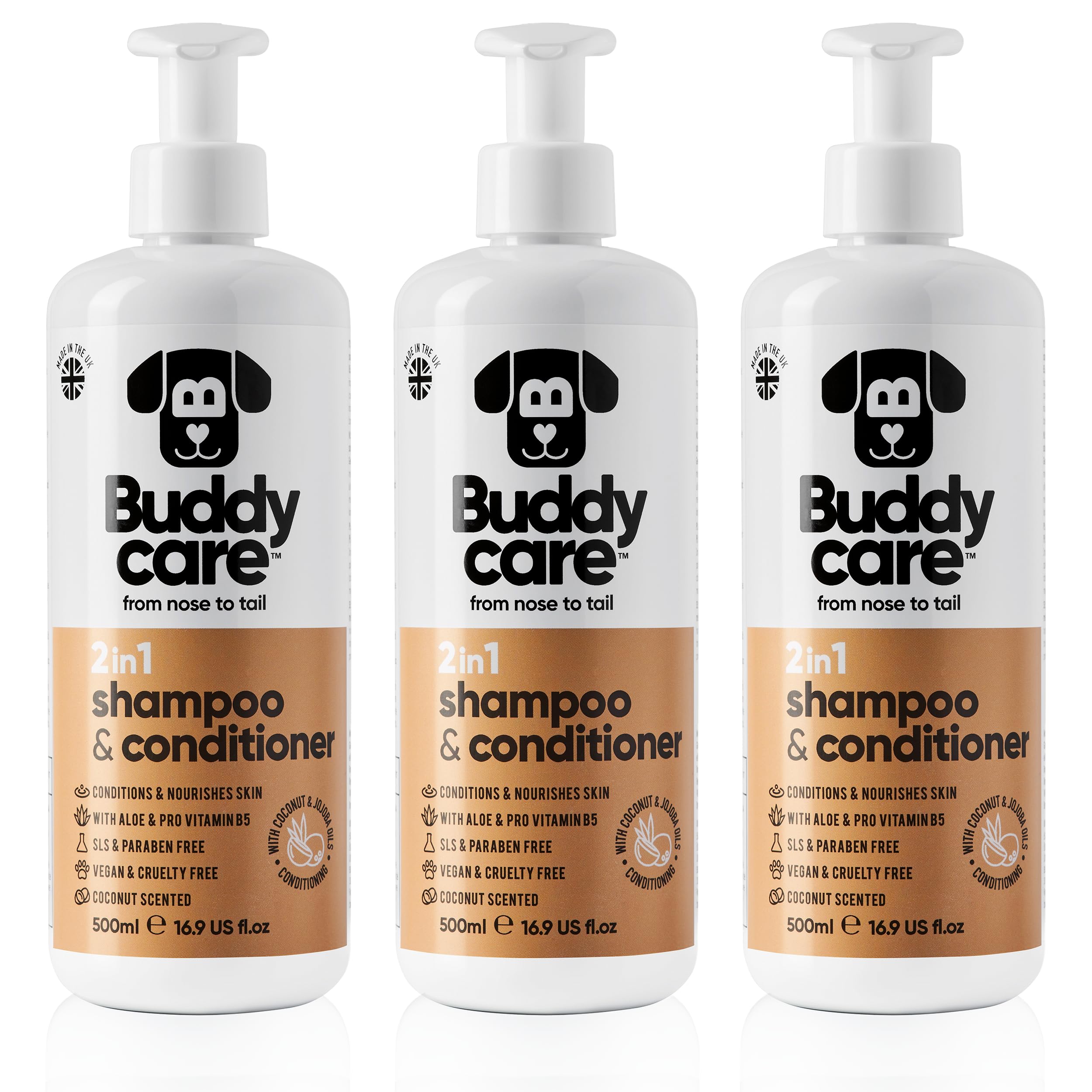 2in1 Hundeshampoo und Conditioner von Buddycare (500ml) - Praktisches Hundeshampoo langhaar und welpen Shampoo Mit Aloe Vera und Pro-Vitamin B5 Rückfettendes Shampoo Für Alle Hunderassen