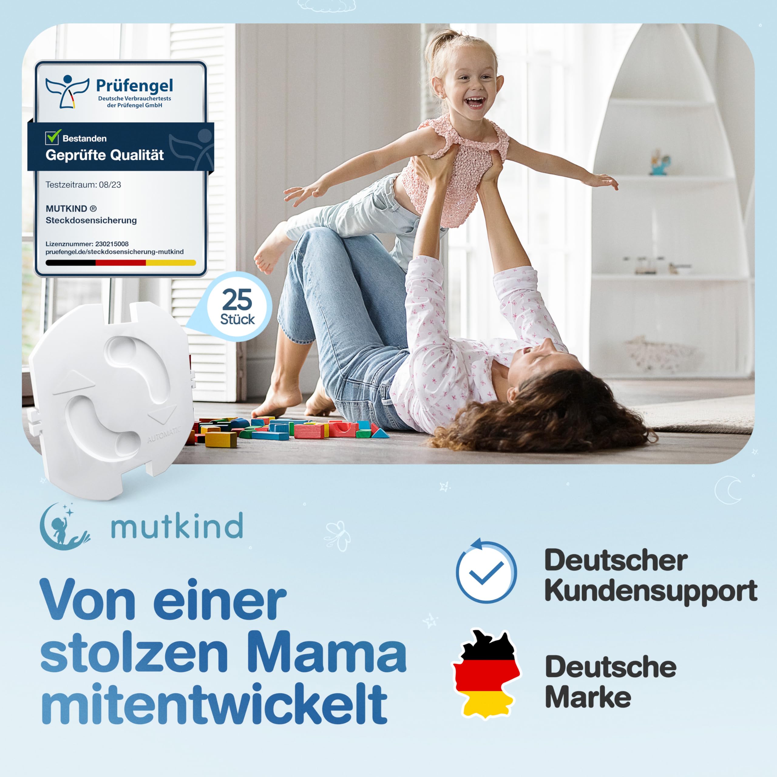 MUTKIND® 25x Steckdosen Kindersicherung - (Mit Kleber von TESA) Steckdosenschutz Kindersicherung mit Drehmechanik - Kindersicherung Steckdose - Steckdosensicherung Baby