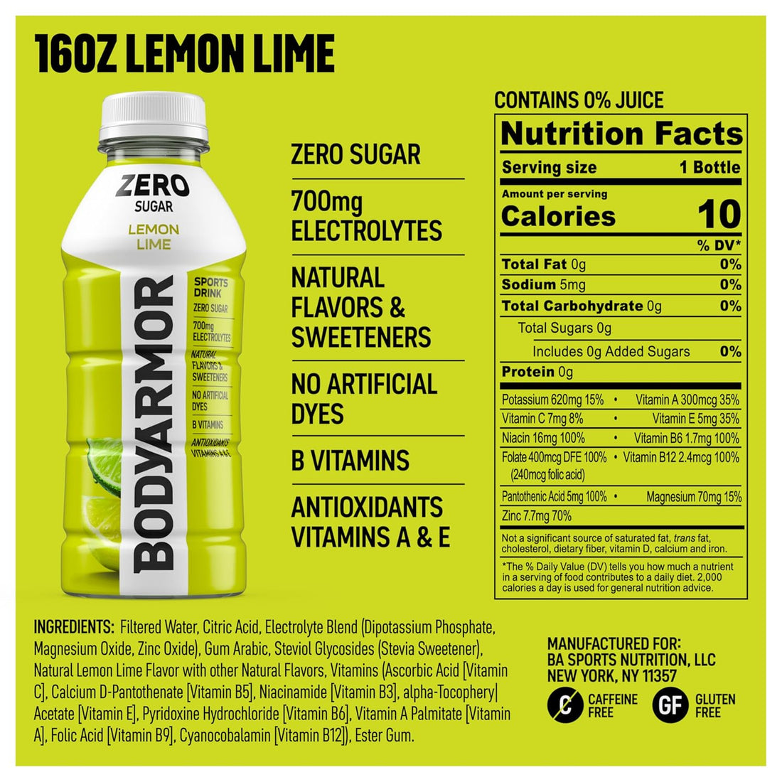 BODYARMOR ZERO Sugar Lemon Lime Electrolyte Drink, Natural Flavors, 16 Fl Oz Bottles (12 Pack), B Vitamins & Antioxidants Sugar Free Hydration