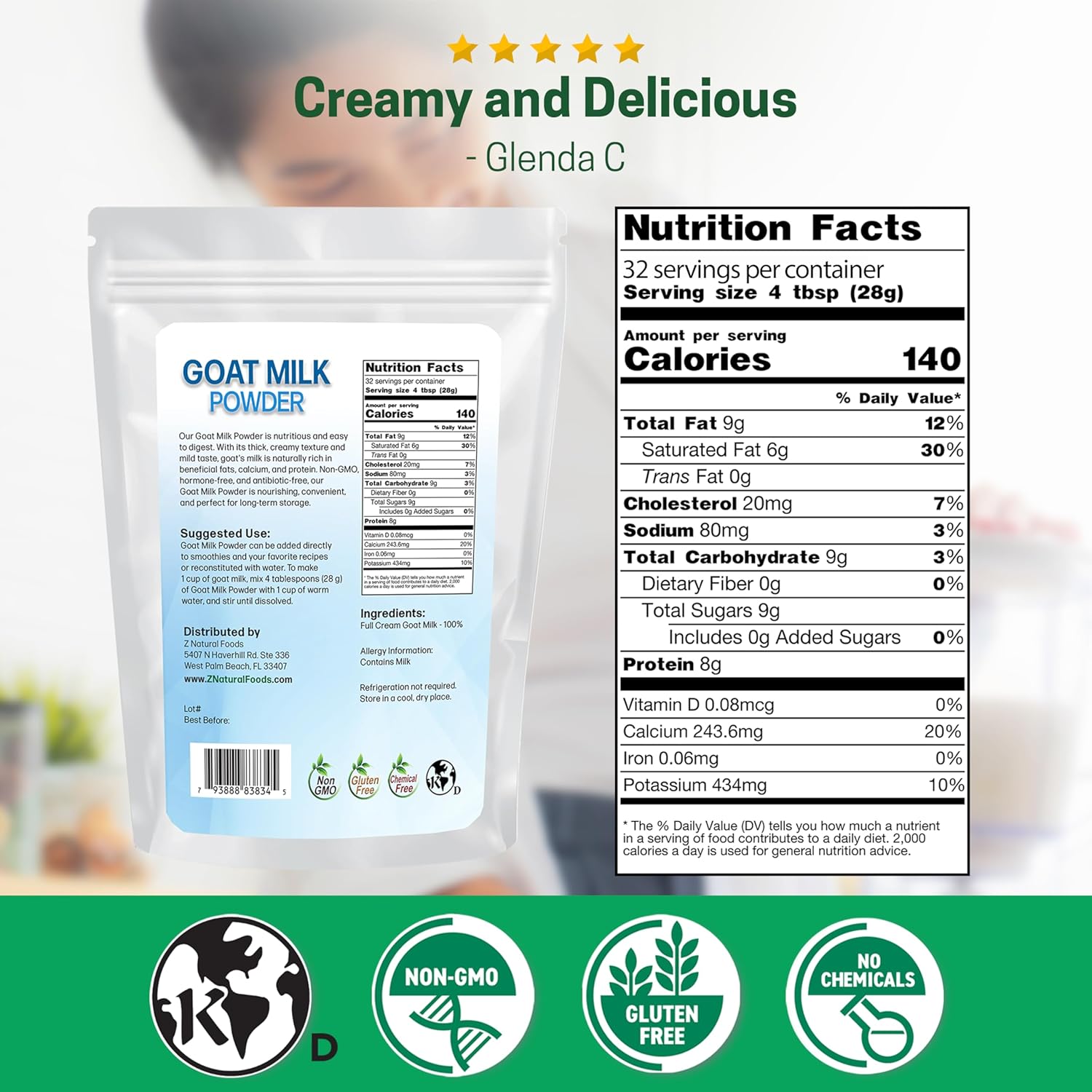 Z Natural Foods Premium Whole Milk Powder - Powdered Milk for Baking, Cooking, Drinks - Dry Milk Powder, Pasteurized, Non-GMO, Gluten-Free, Kosher-Certified, 5 lbs