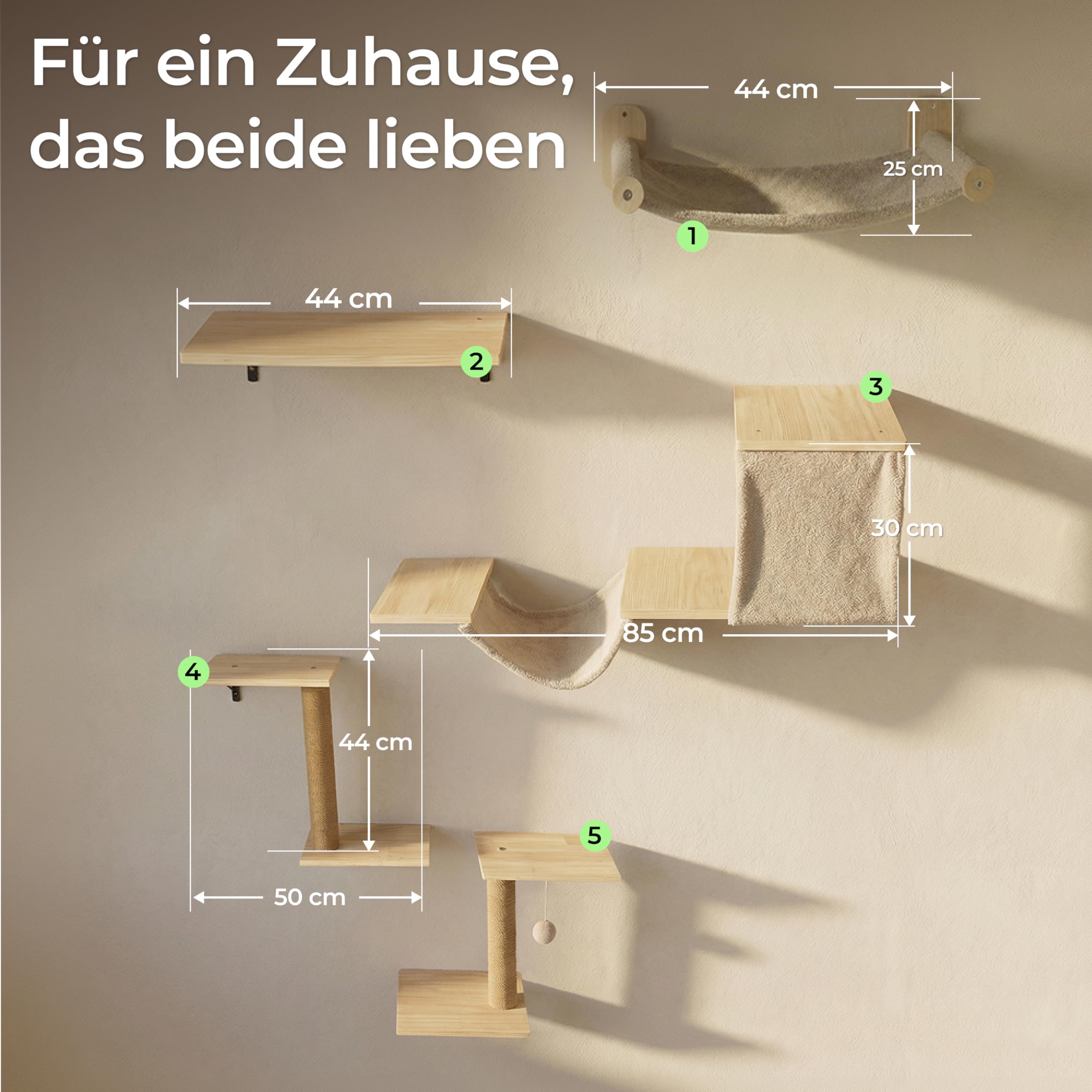 WOOWOOD® 2X Kletterwand Katzen - 3X Katzentreppe Wand [Beste Stabilität] - Kratzbaum Wand, Hängematte Katze, Wandkratzbaum, Katzenmöbel, Katzenwand, Katzen Kletterwand Set (5 teilig)
