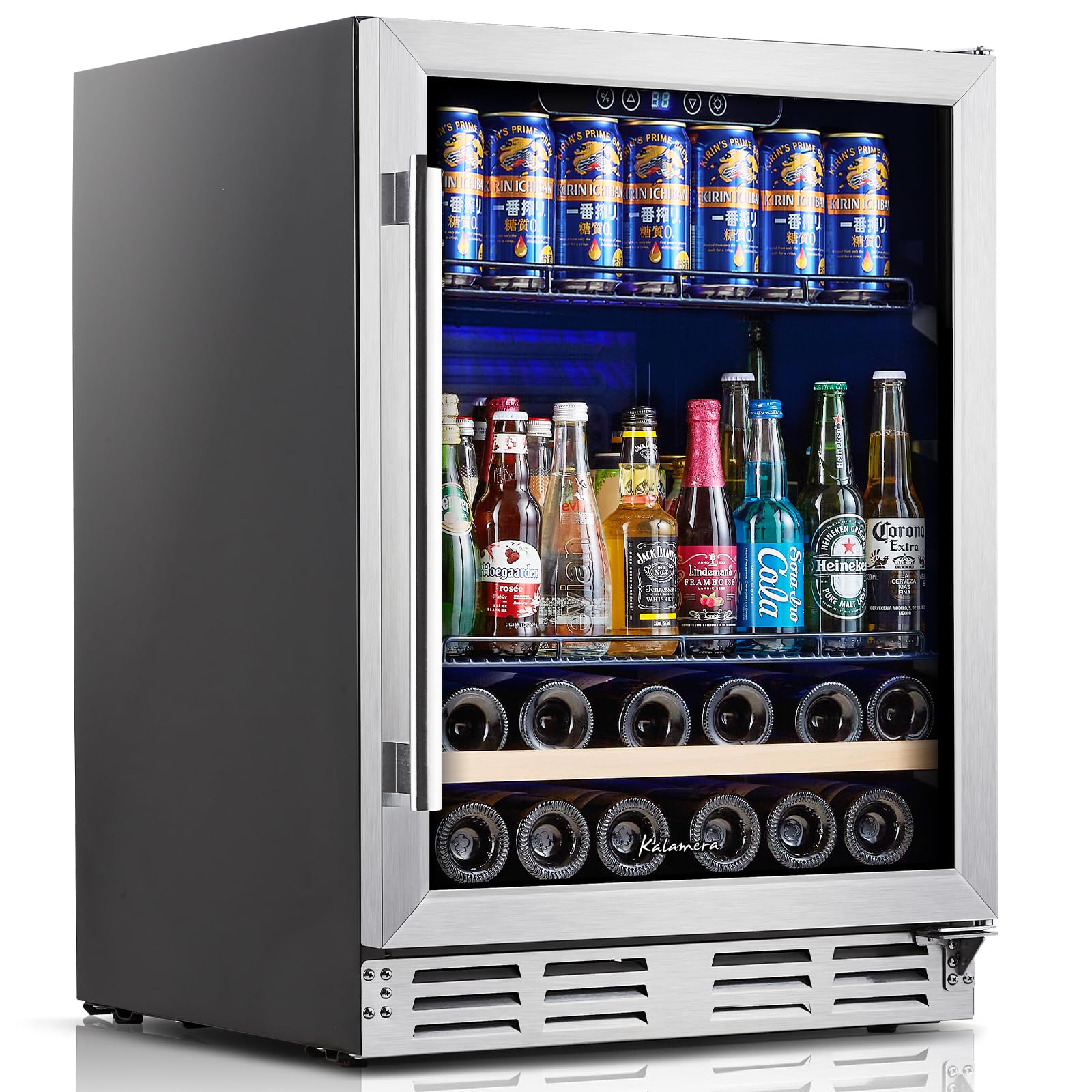 Kalamera 24 inch Wine Cooler, 37 Bottle - Dual Zone Built-in or Freestanding Fridge with Stainless Steel Reversible Glass Door, for Home, Kitchen or Office