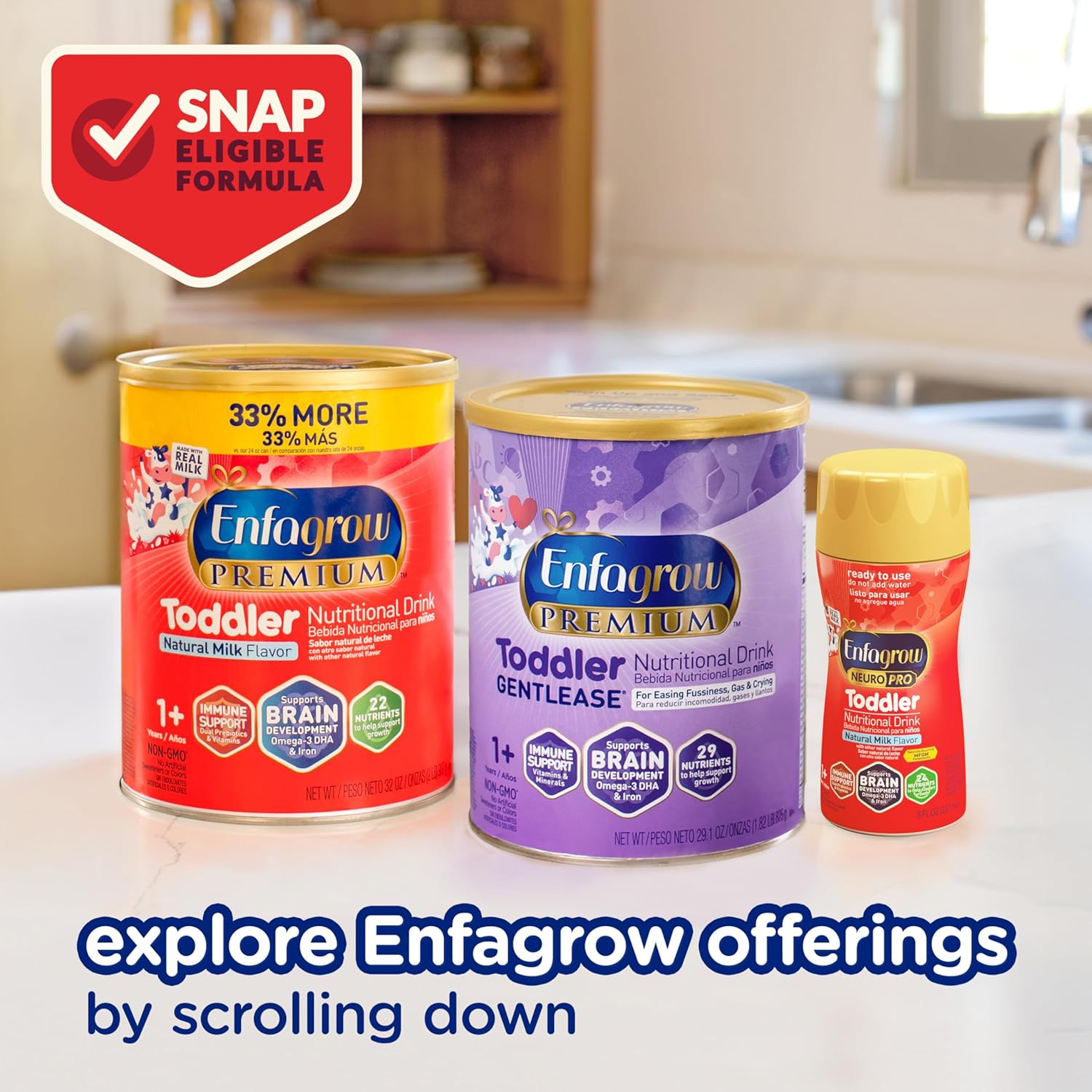 Enfagrow Premium Toddler Nutritional Drink, Made with Real Milk, Brain-Building Omega-3 DHA, Nutrients and Prebiotics for Growth & Immune Support, Non-GMO, Toddler Milk Powder, 32 Oz Can