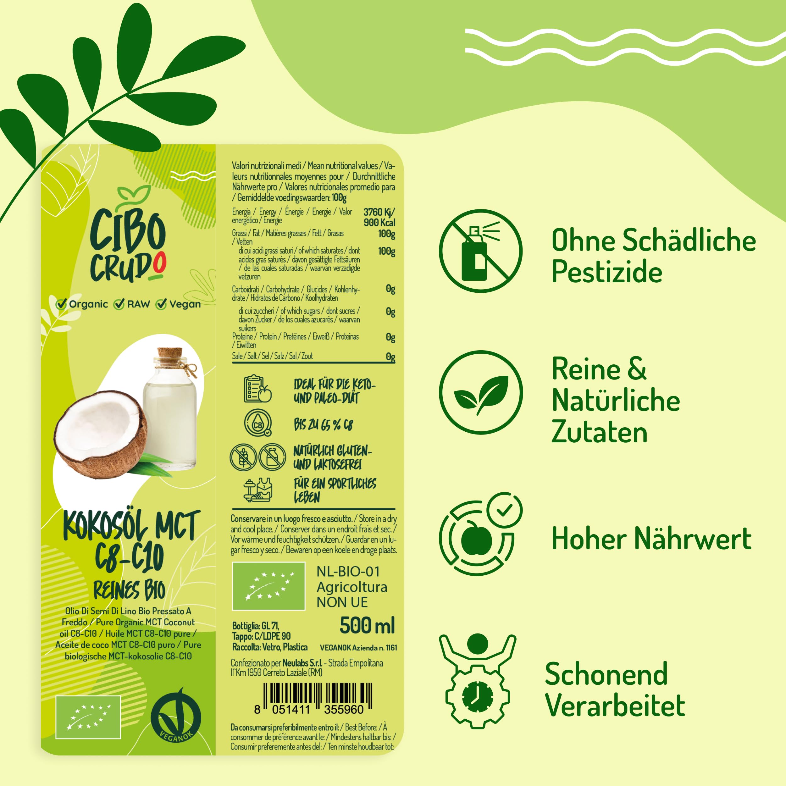 C8 MCT Öl Bio - 1 Lt. Biologische und Rein mct öl c8 für Keto Paleo oder zur Anwendung auf Körper und Haar. Veganes und Vegetarisches.