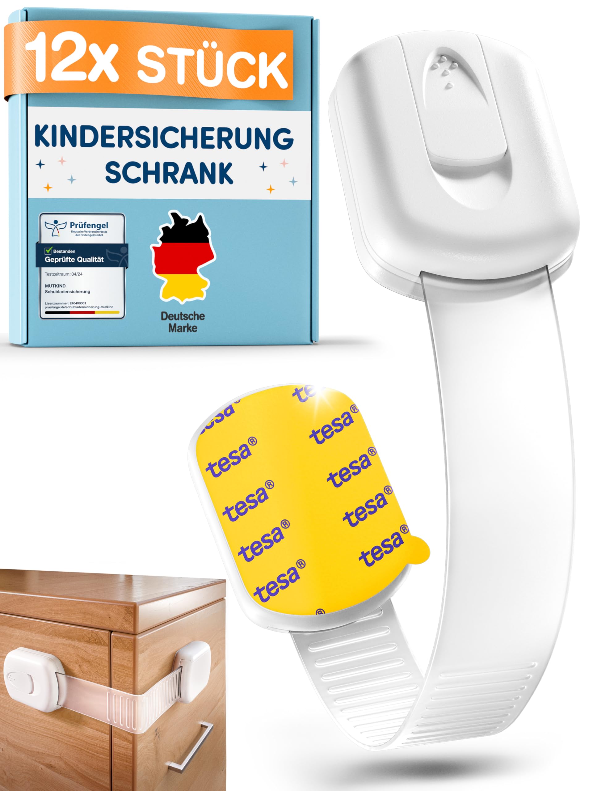 MUTKIND 10 Stück Kindersicherung Schrank - (Mit Kleber von TESA) Schranksicherung Baby - Längenverstellbar - Schubladensicherung Baby für Schränke, Kühlschrank, Tür - Kindersicherung Schubladen Weiß