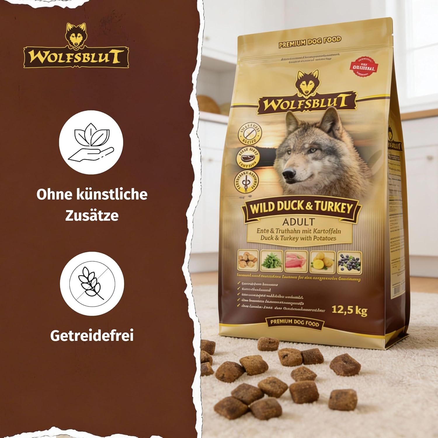 WOLFSBLUT – Wild Duck Adult | Trockenfutter mit natürlichen Zutaten und Superfoods für ausgewachsene Hunde. Getreidefreies Alleinfutter ohne Zusatzstoffe im Beutel | 12,5kg Ente
