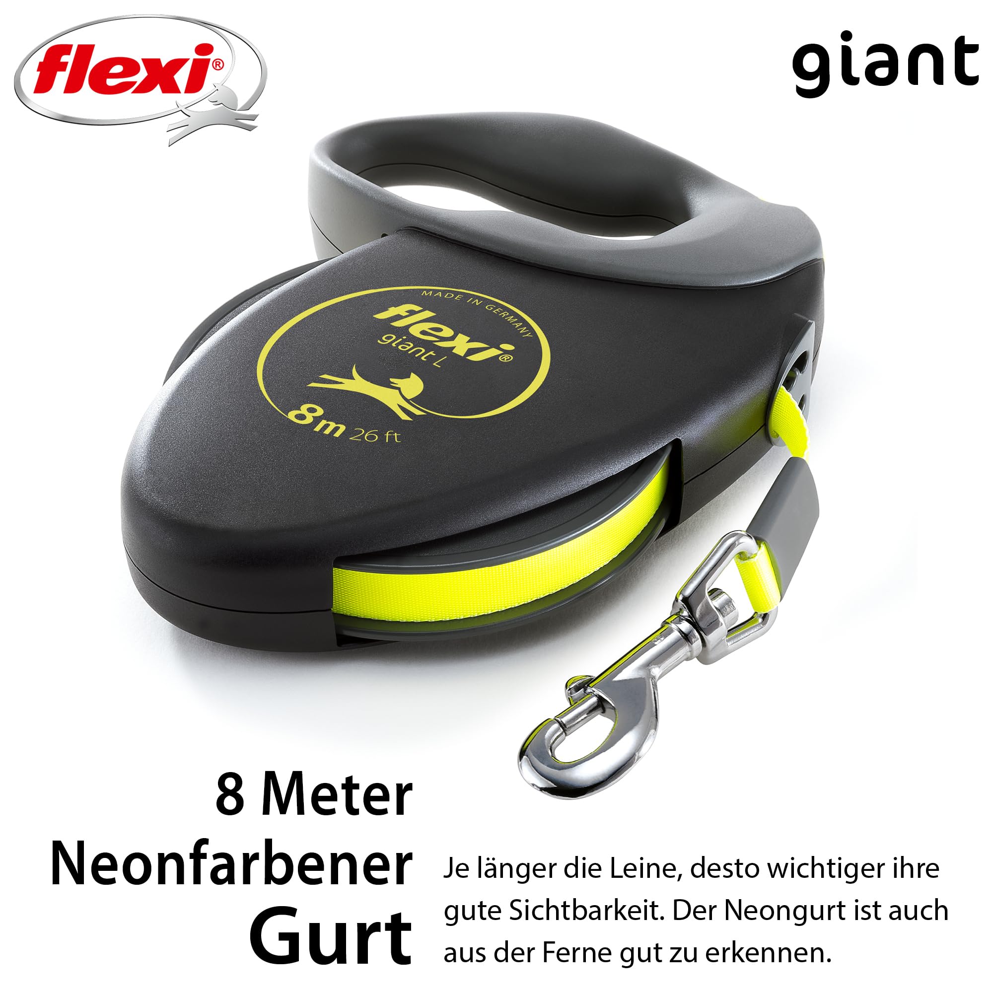 flexi® Giant S/M | 8m Gurt Roll-Leine für Hunde bis 25 kg | schwarz/neon-gelb | ausziehbare Hundeleine | Gewicht 438.4 gr | Maße 15.3 x 19.2 cm