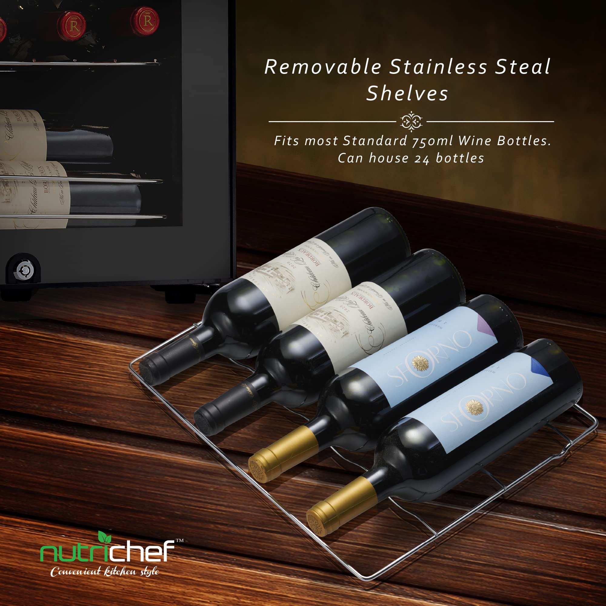 Nutrichef 12 Bottle Stainless Steel Slim Wine Fridge | Red & White Wine Chiller | Adjustable Temperature Control, Ultra Quiet Operation & Energy Efficient | Mini Wine Cooler Refrigerator | 31x10x17 IN