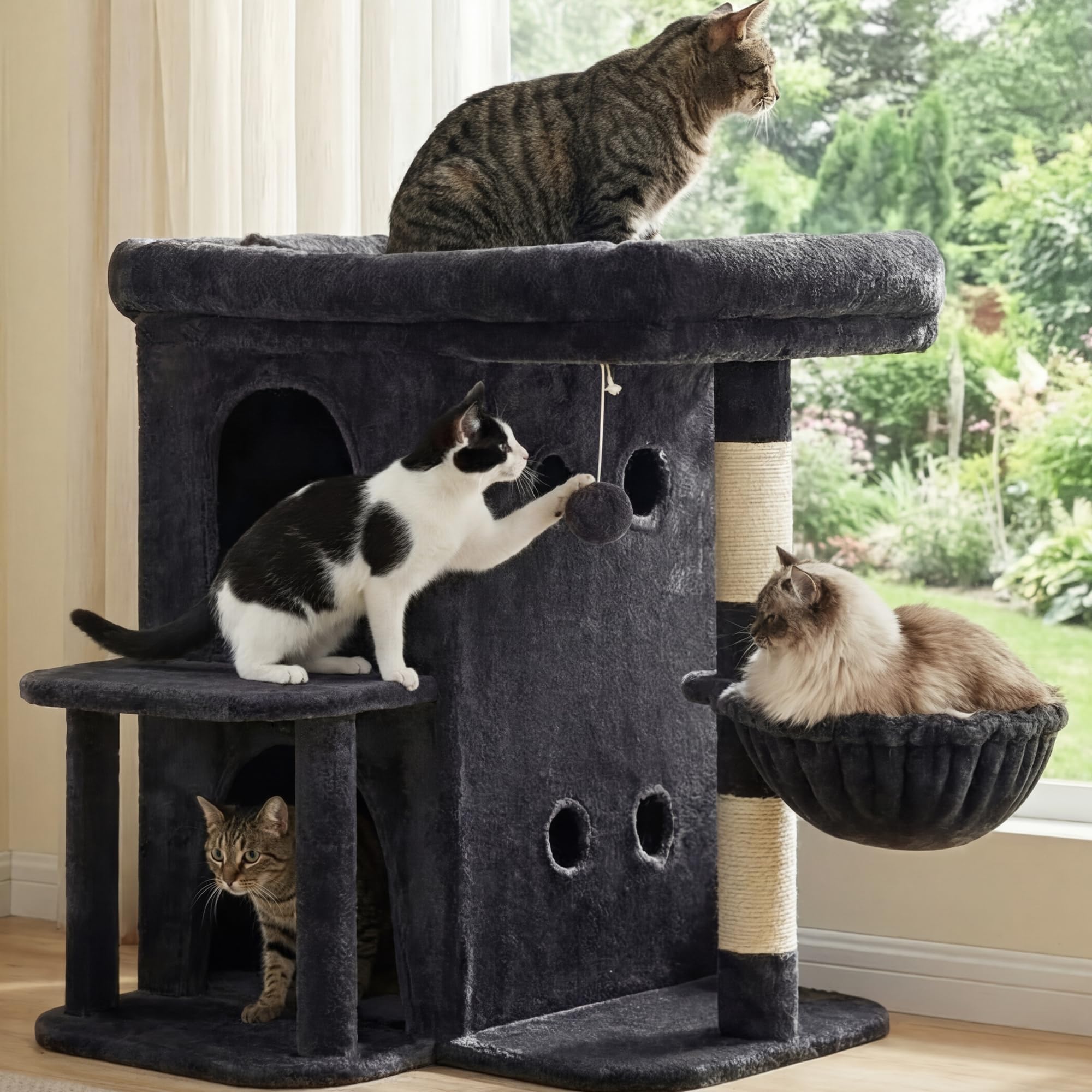 Heybly Kratzbaum, 65 cm Hoher Katzenbaum mit Extra-Großer Plattform, Gestuftes Katzenmöbel mit Doppelhaus, Inklusive Sisal-Kratzsäule, Katzenkorb und Spielzeug für Katzen, Hellgrau HCT204SW