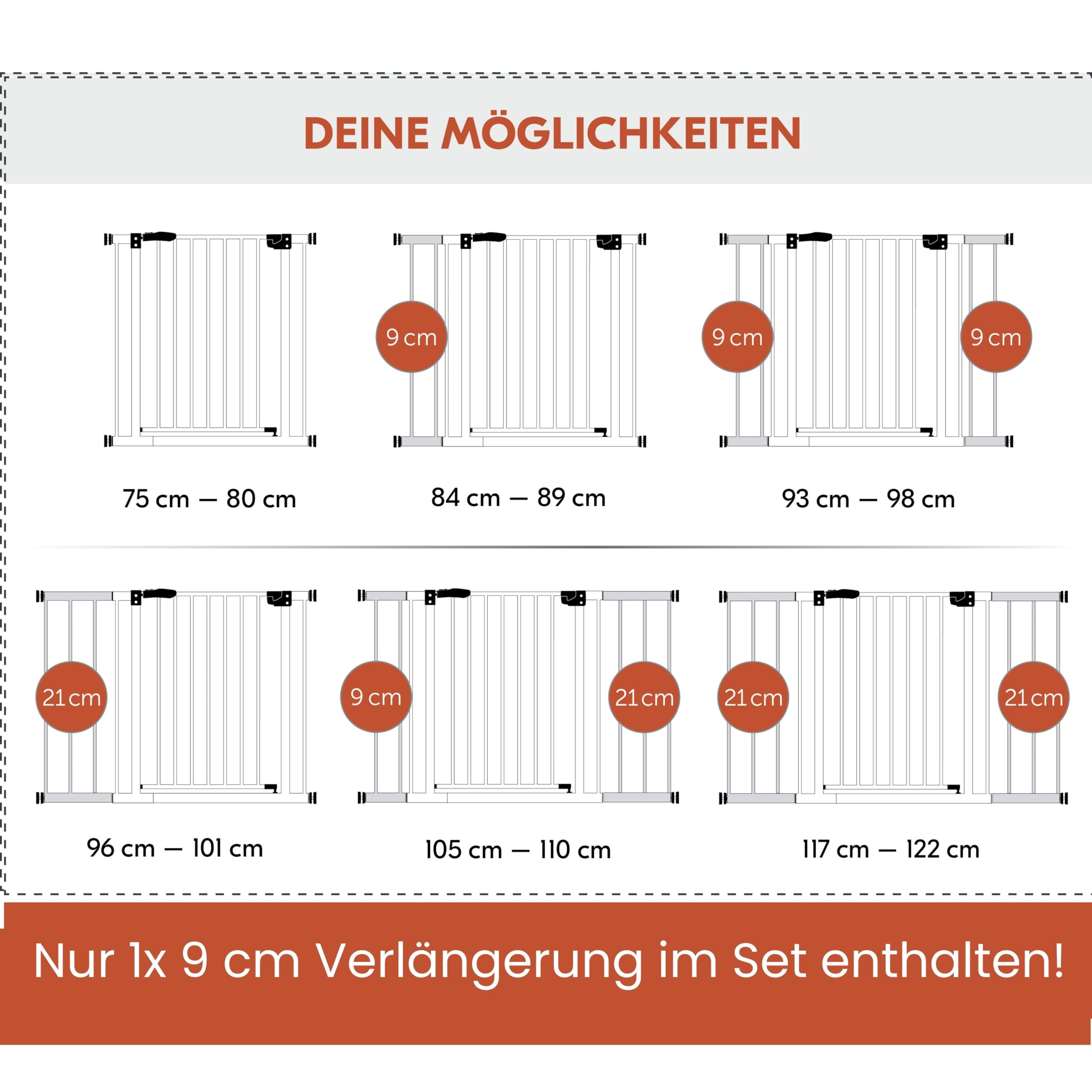 hauck Open N Stop 2 + 21 cm Verlängerung, Weiß - Kinderschutzgitter Hundegitter, Verstellbare Breite 96-101 cm, 77 cm Hoch, Beidseitige Einhand Öffnung, ohne Bohren, für Innen