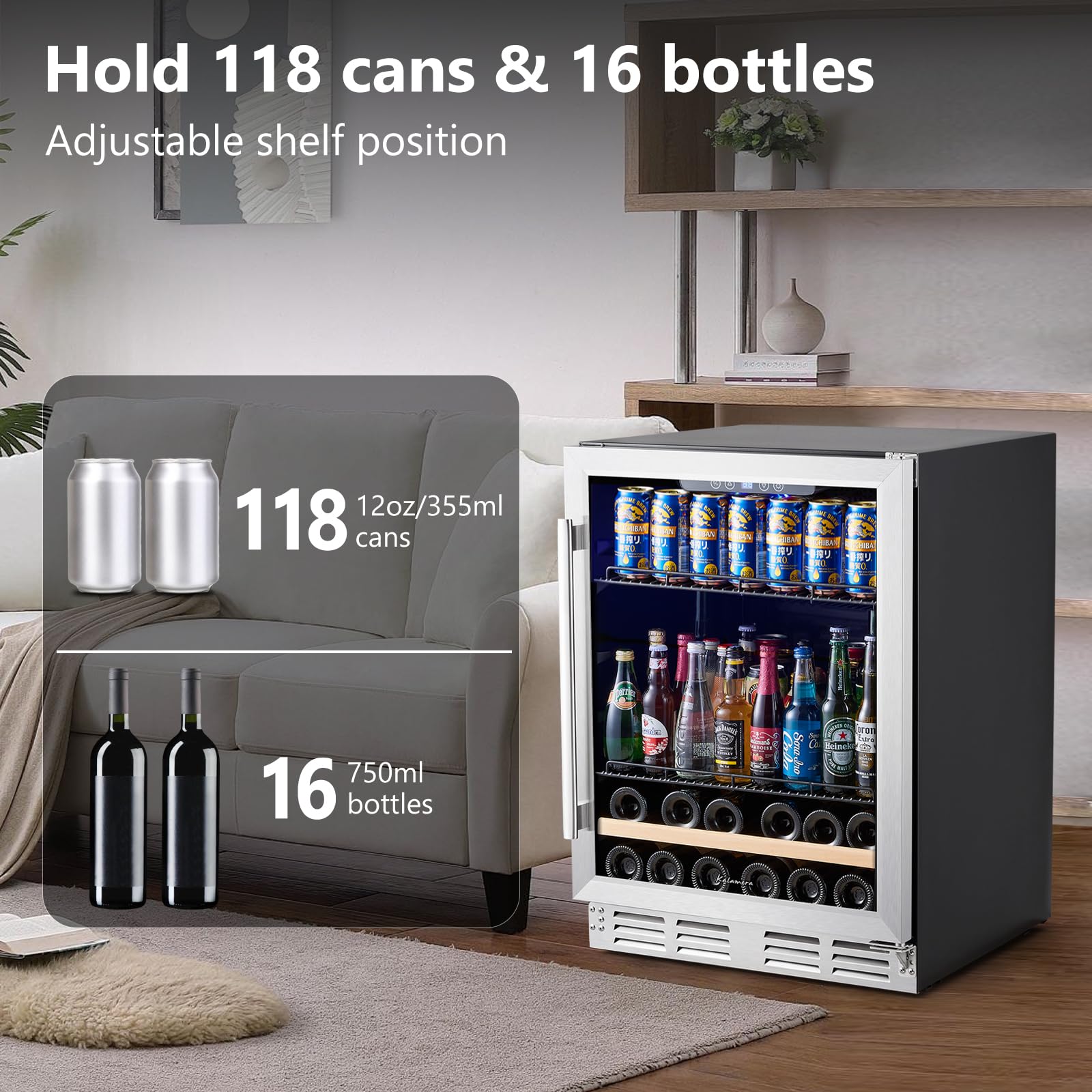 Kalamera 24 inch Wine Cooler, 37 Bottle - Dual Zone Built-in or Freestanding Fridge with Stainless Steel Reversible Glass Door, for Home, Kitchen or Office