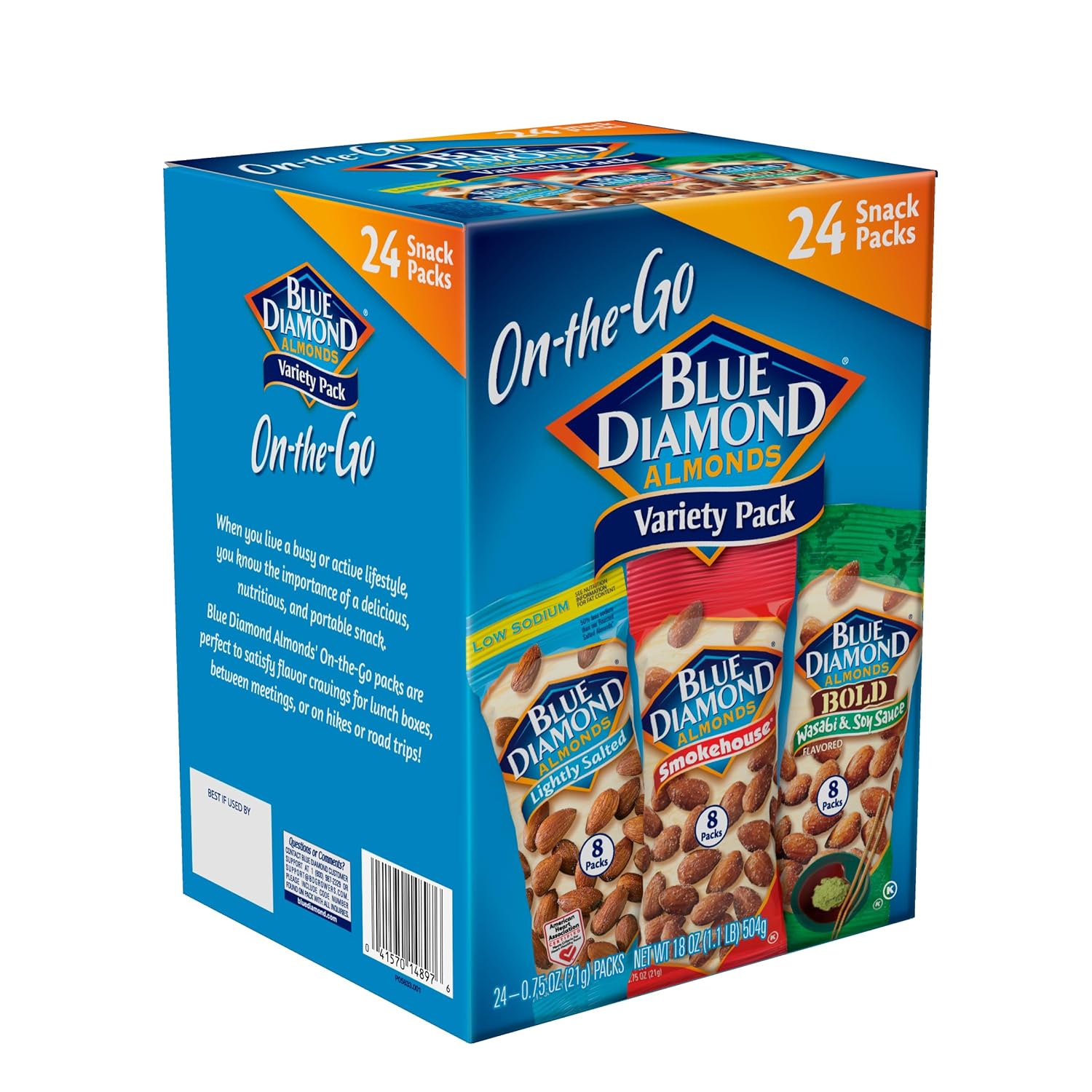 Blue Diamond Almonds Snack Nut Variety Pack for Kids, Office, School, On-the-go, 0.75 oz Gluten Free Individual Packs, Wasabi & Soy Sauce, Lightly Salted, and Smokehouse (Pack of 1, 24 Count Total)