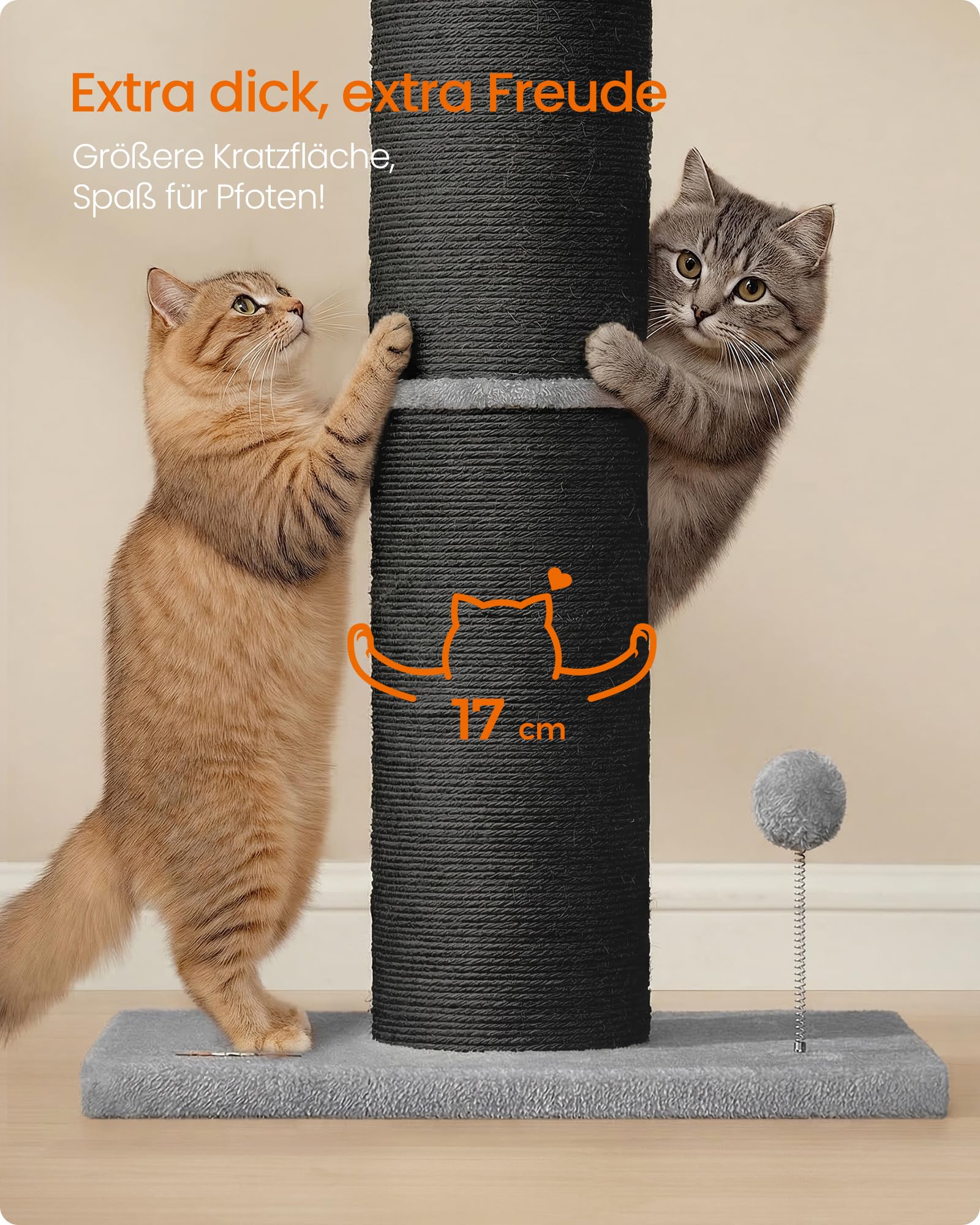 Feandrea Kratzbaum, 85 cm hoch, Kratzsäule XL, 13 cm Dicker Stamm, Katzenbaum, Kratzstamm für mittelgroße und große Katzen, Sisalstamm, mit Plüschball und Glocke, Taubengrau PCA041G01