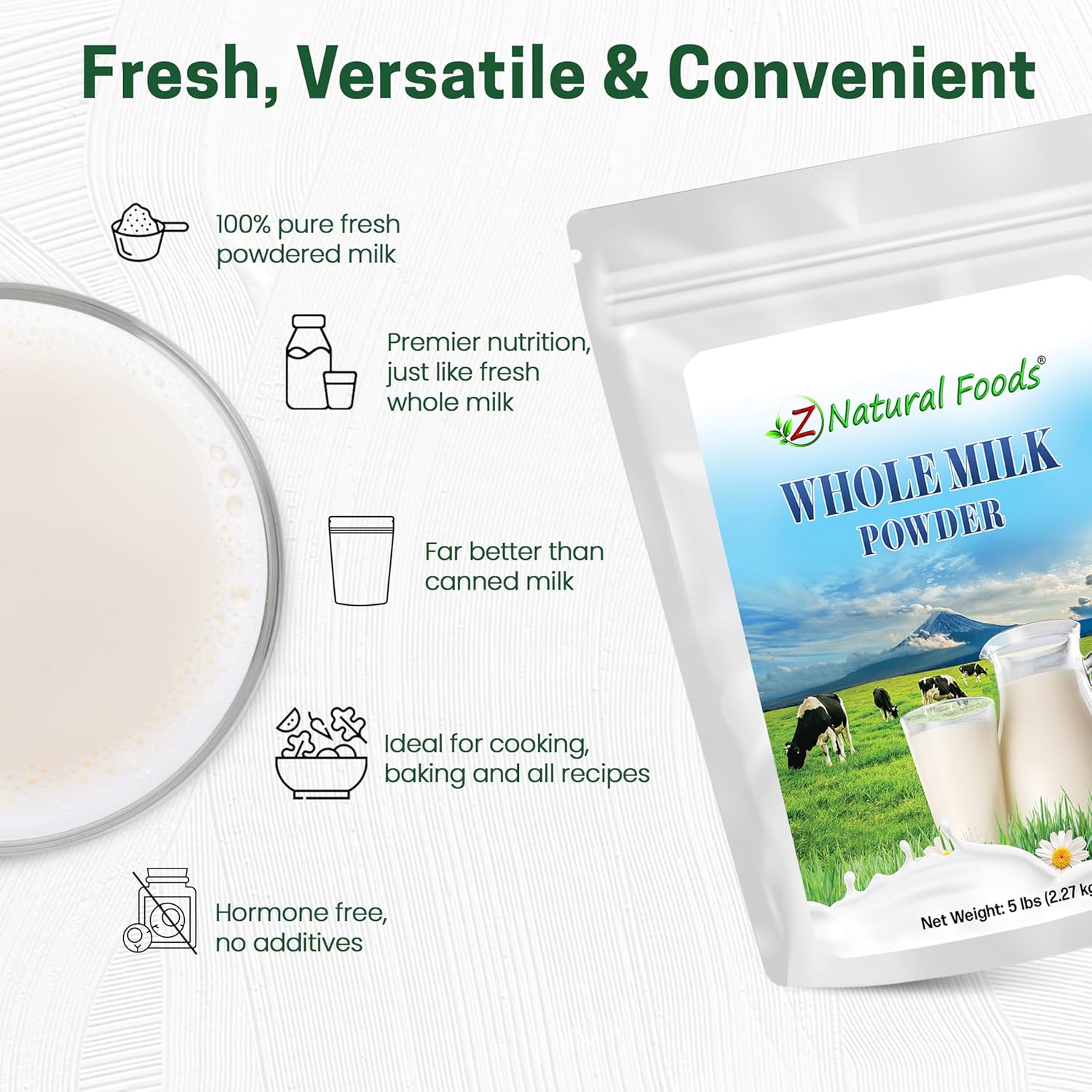 Z Natural Foods Premium Whole Milk Powder - Powdered Milk for Baking, Cooking, Drinks - Dry Milk Powder, Pasteurized, Non-GMO, Gluten-Free, Kosher-Certified, 5 lbs