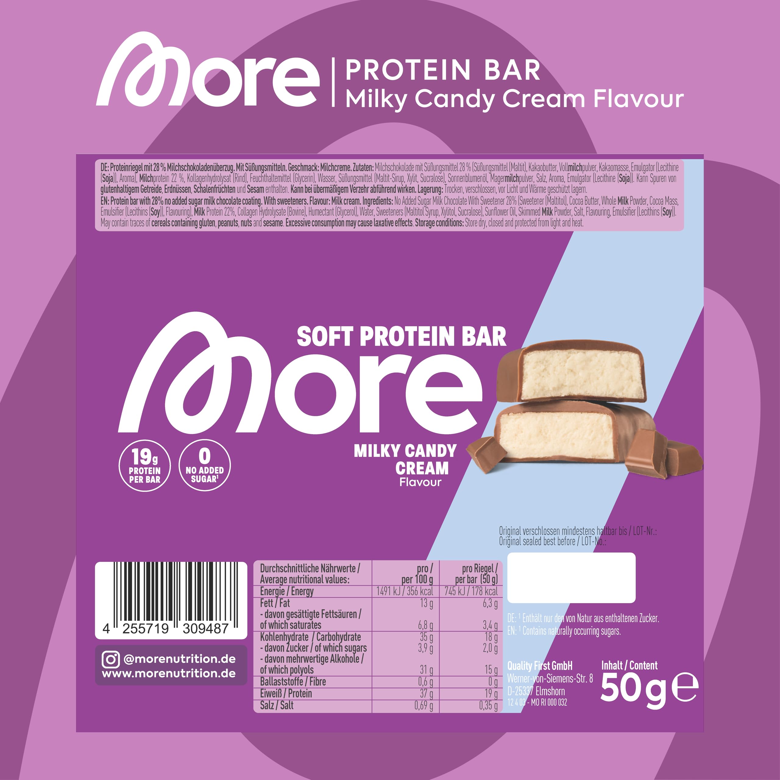 MORE Protein Bar, 10er Box, White Chocolate Peanut Caramel, Protein Riegel ohne Zuckerzusatz (Design kann variieren)