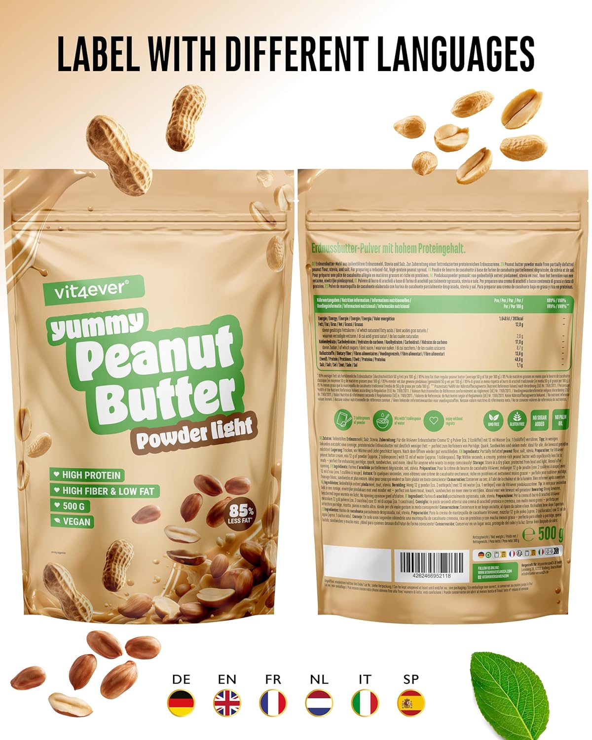 vit4ever Erdnussbutter light Pulver 500 g - Powdered Peanut Butter 85% weniger Fett, ohne Zucker - Peanutbutter Creme mit leckerem Geschmack