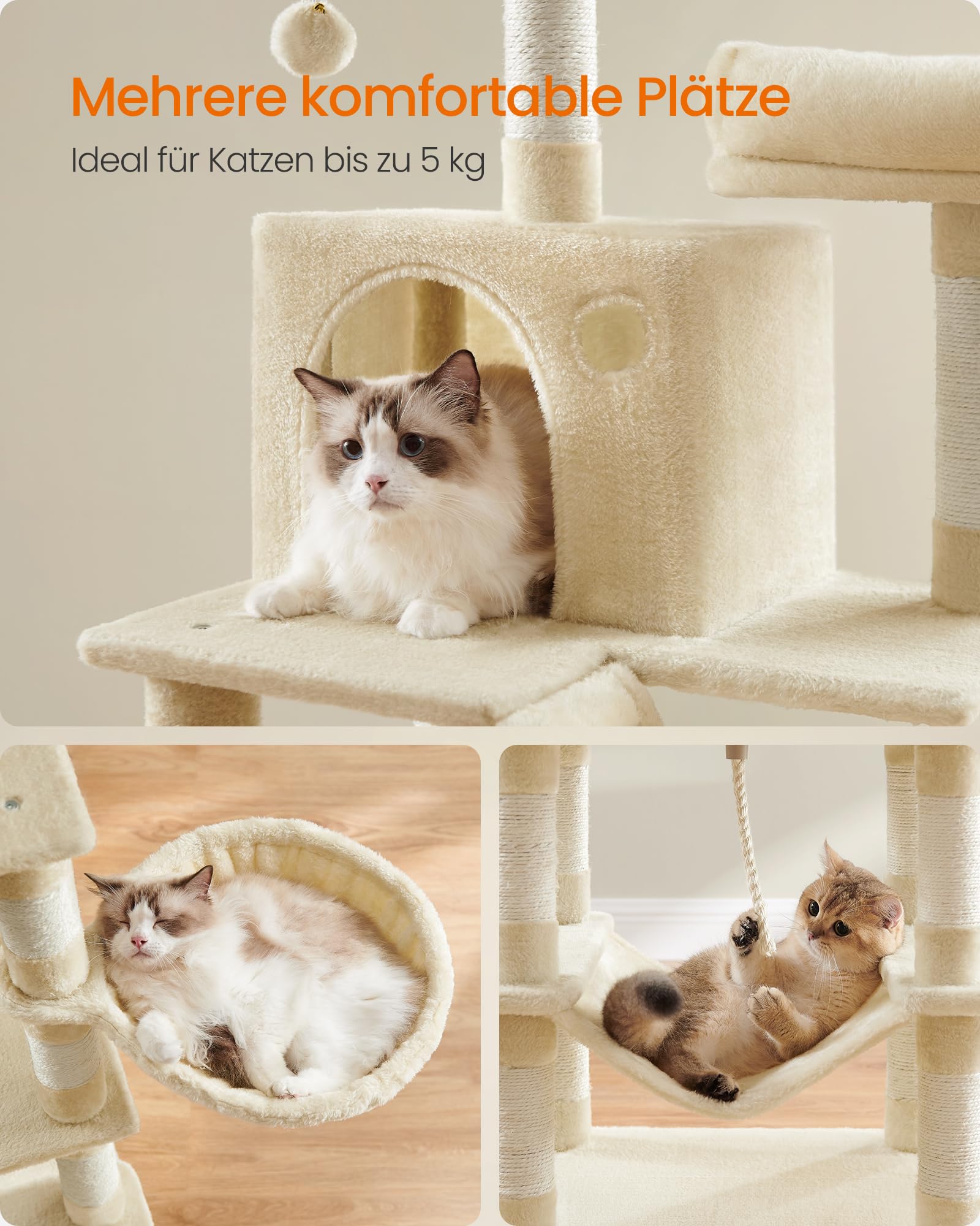 Feandrea Kratzbaum groß, 203,5 cm hoch, XXL Katzenbaum, mit 13 Kratzsäulen, 2 Plattformen, 2 Höhlen, Korb, Hängematte, Plüschbälle, mehrstöckiger Katzenkratzbaum, rauchgrau PCT190G01