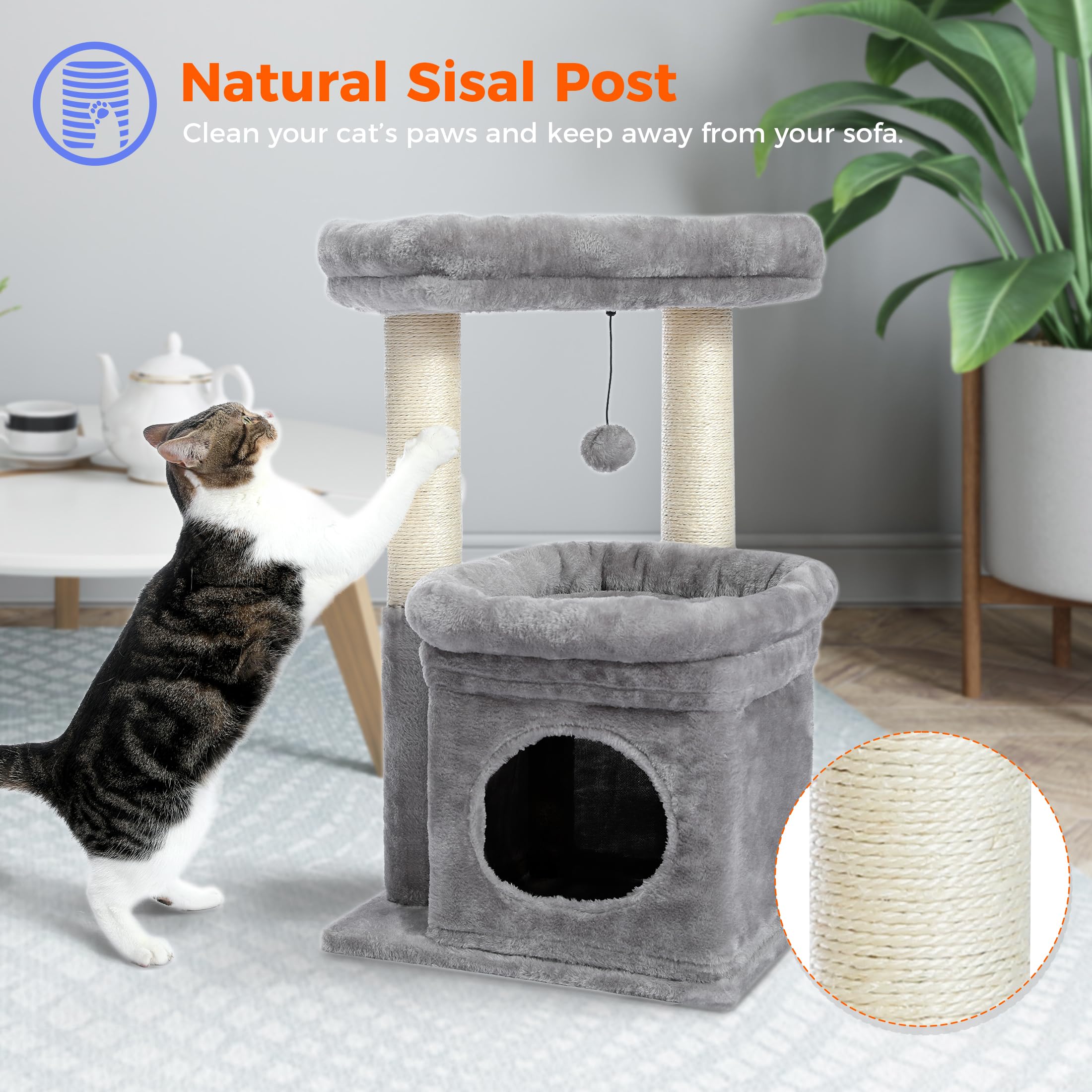 PAWZ Road Kleiner Katzenbaum, mehrstöckiger Katzenturm mit Sisal-überzogenem Kratzbaum, gemütlicher Katzenwohnung und großer Katzensitzstange für Hauskatzen, Beige