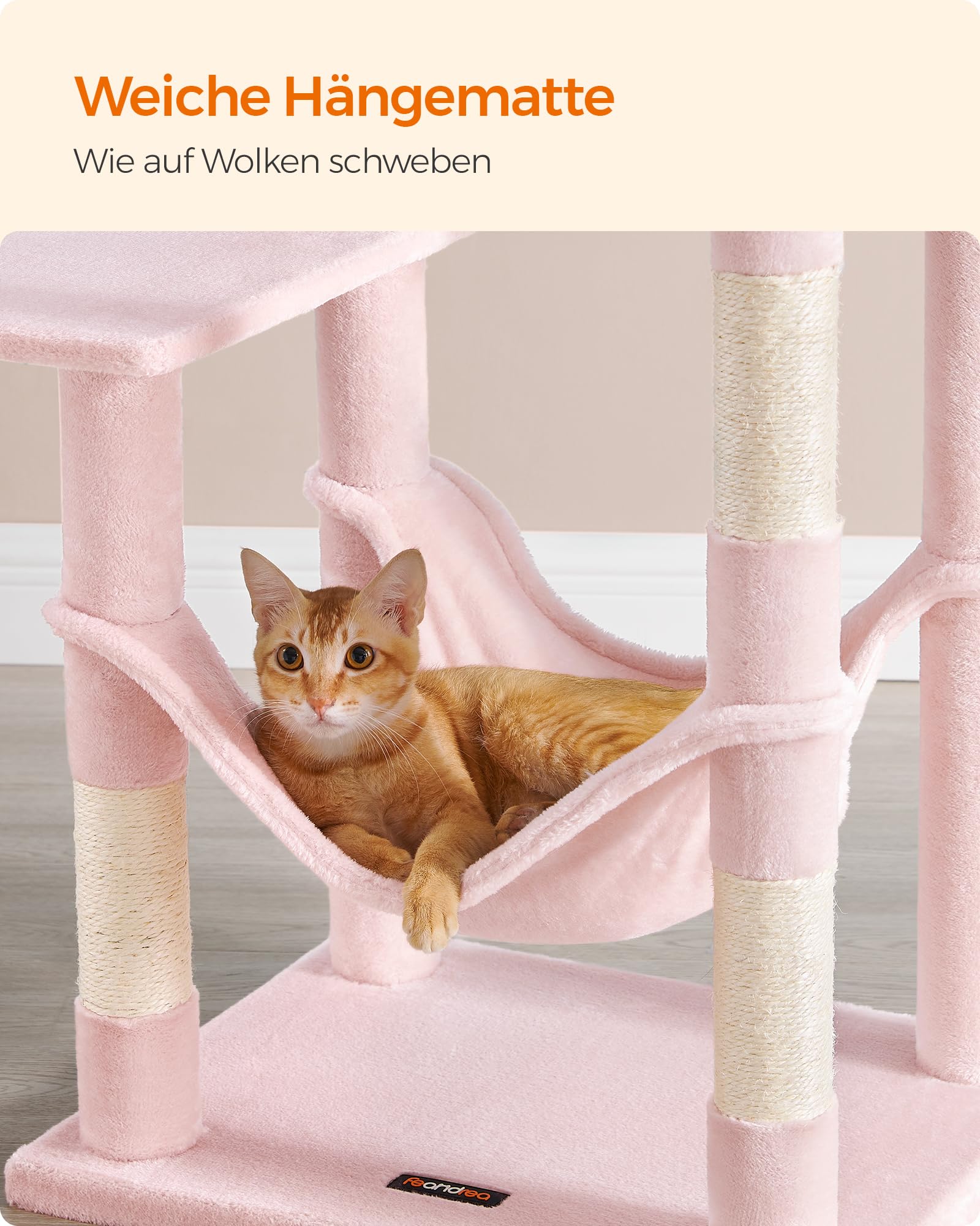 Feandrea Kratzbaum, 143 cm hoch, Katzenbaum, mehrstöckiges Katzenhaus, mit 4 Kratzsäulen, 2 Plattformen, Hängematte, Höhle, hellgrau PCT161W01