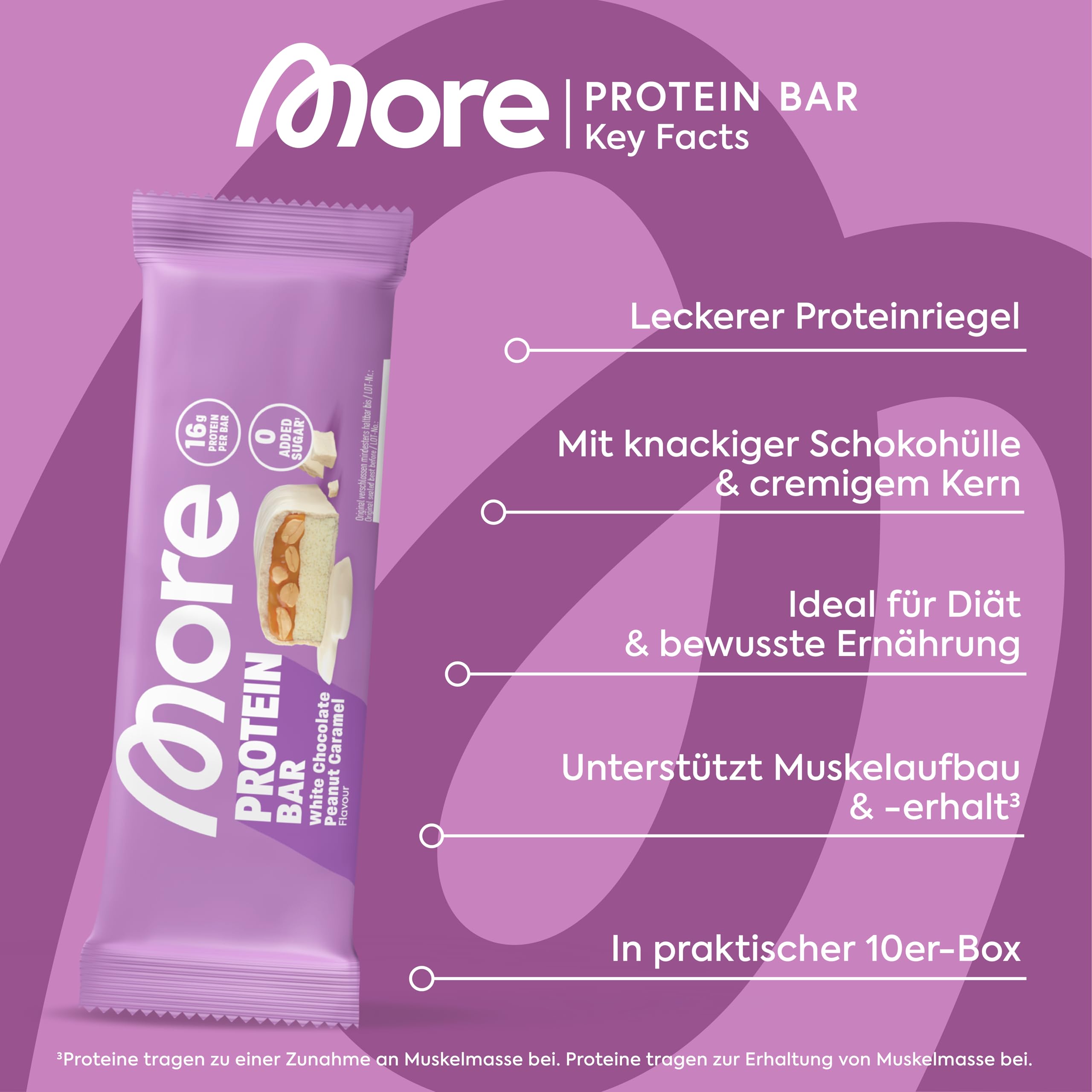 MORE Protein Bar, 10er Box, White Chocolate Peanut Caramel, Protein Riegel ohne Zuckerzusatz (Design kann variieren)
