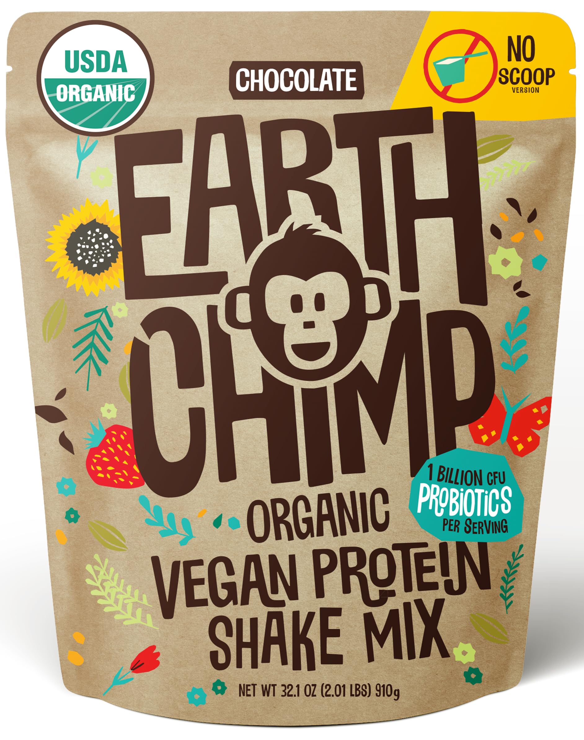 EarthChimp Organic Vegan Protein Powder - with Probiotics - Non GMO, Dairy Free, Non Whey, Plant Based Protein Powder for Women and Men, Gluten Free - 26 Servings 32 Oz (Chocolate)