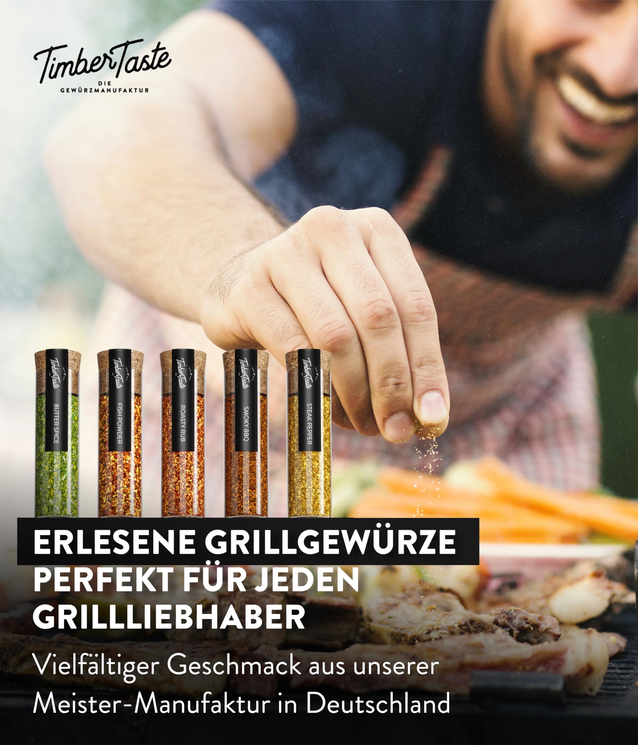 TIMBER TASTE® Grillgewürze Geschenkset - 5 premium BBQ Gewürze Rubs & Marinaden in edler Geschenkbox | Geschenke für Männer | Vatertag Geschenk | Gewürze Geschenkset ideal zum Grillen Geschenk Set