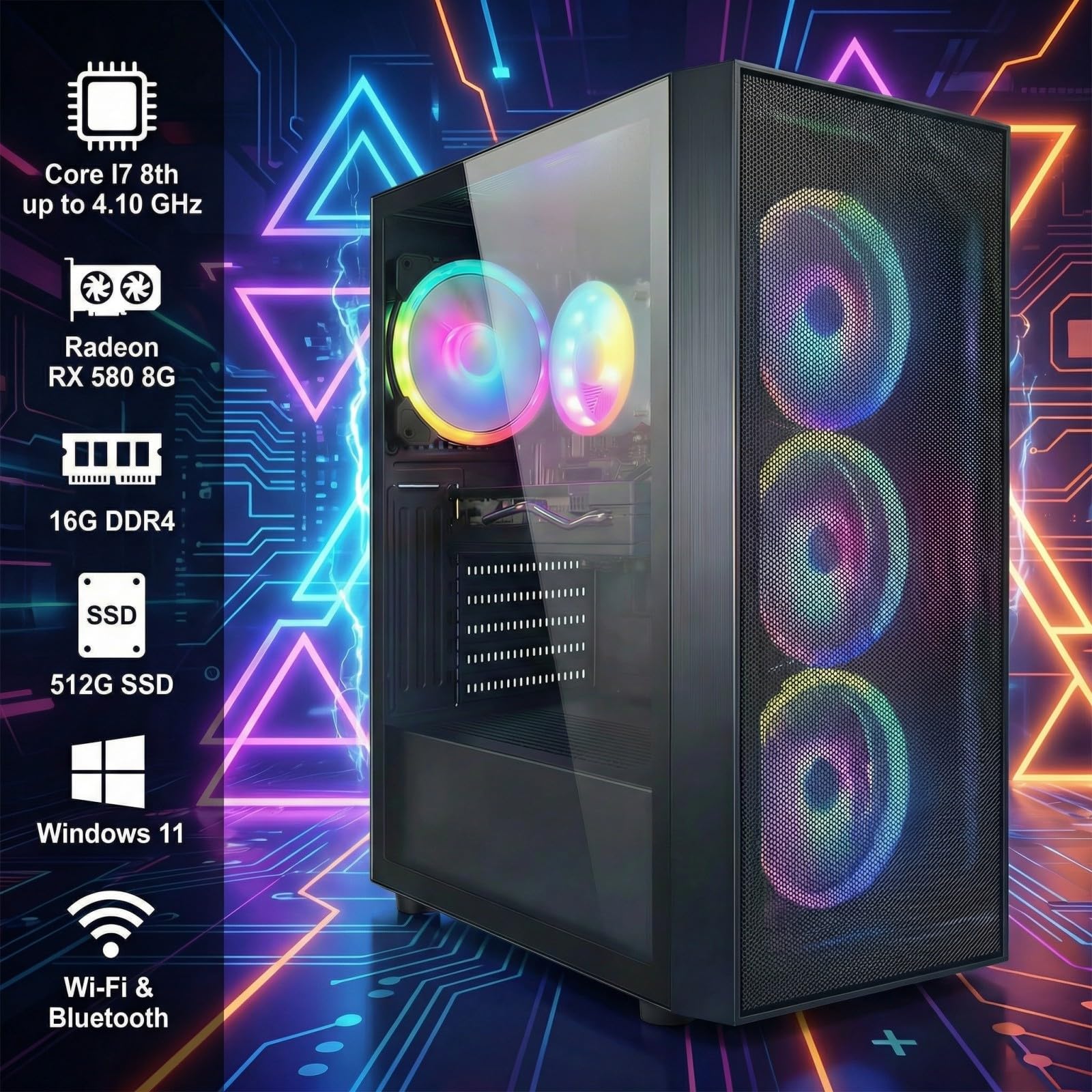 STGAubron Gaming PC Desktop Computer, Intel Core i7 up to 3.9GHz, Radeon RX 580 8G, 16G RAM, 512G SSD, WiFi 6, BT 5.0, RGB Fan x4, Windows 11 Home