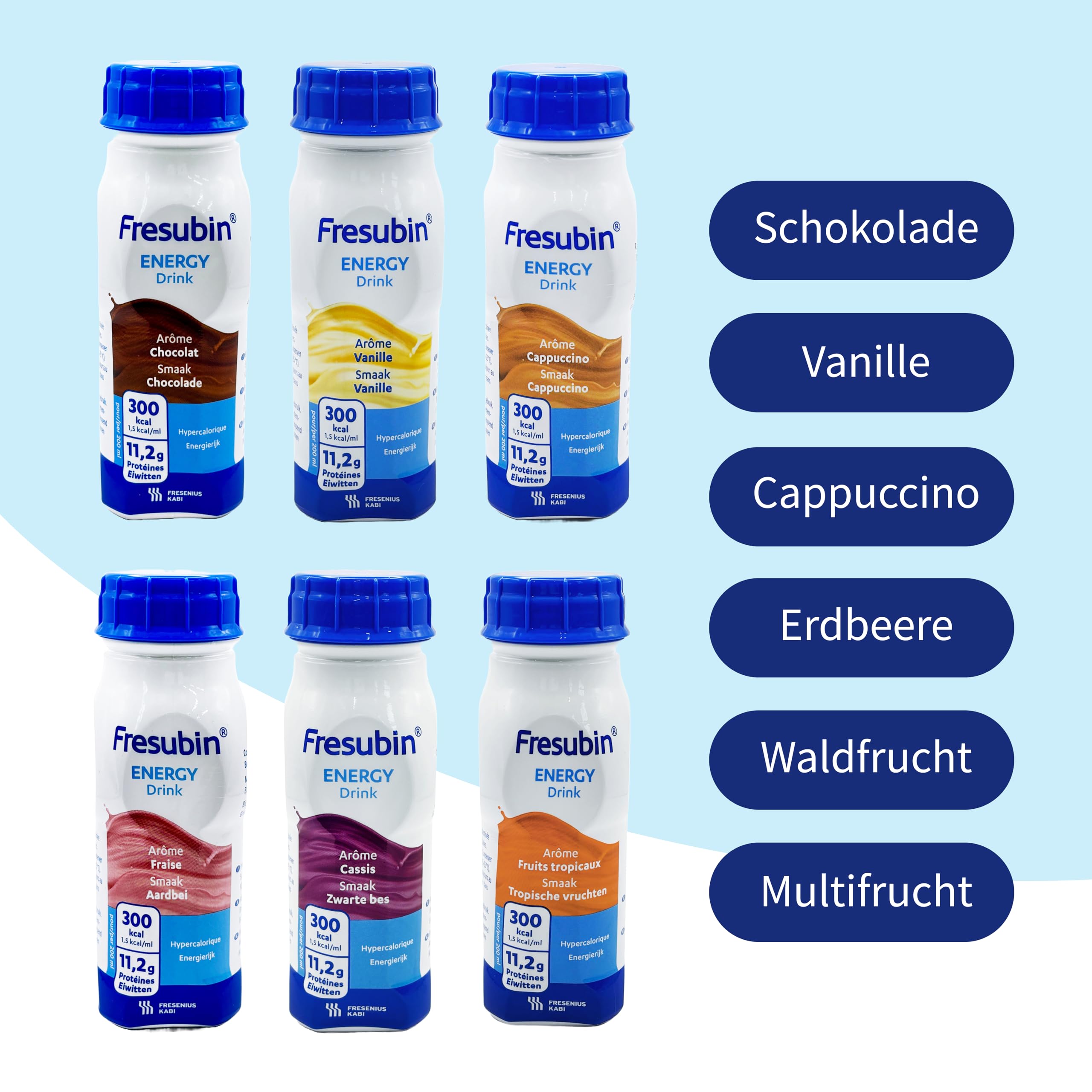 Fresubin Energy Drink - Mischkarton Hochkalorische Trinknahrung von Fresenius Kabi in 6 Geschmacksrichtungen, 300 kcal pro Flasche (200 ml (24er Pack), Mischkarton)