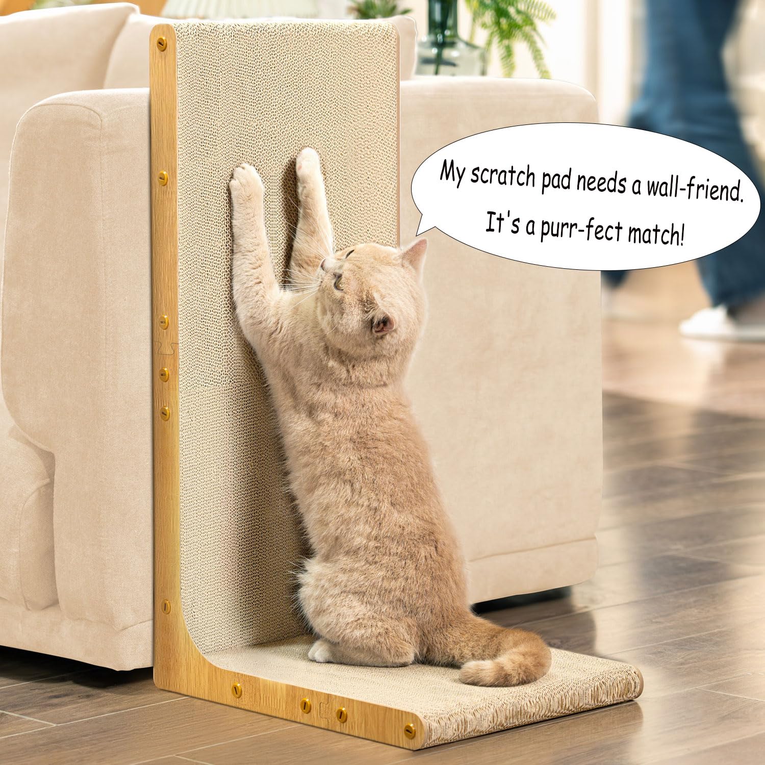 Conlun Kratzbrett für Katzen, 58 cm L-förmige Wandmontage, vertikale Kratzfläche, strapazierfähige Pappe zum Möbelschutz für Wohnungskatzen, Groß,Holzoptik