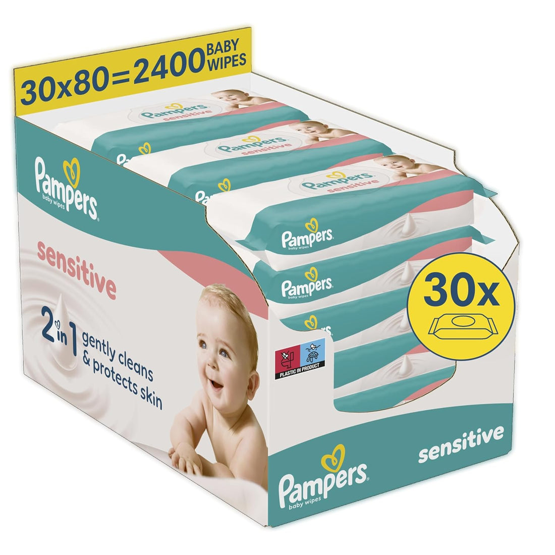 Pampers Sensitive Baby-Feuchttücher, 15 Packungen mit 80 Feuchttüchern,1200 Baby-Feuchttücher, 2-in-1 sanfte Reinigung & Hautschutz