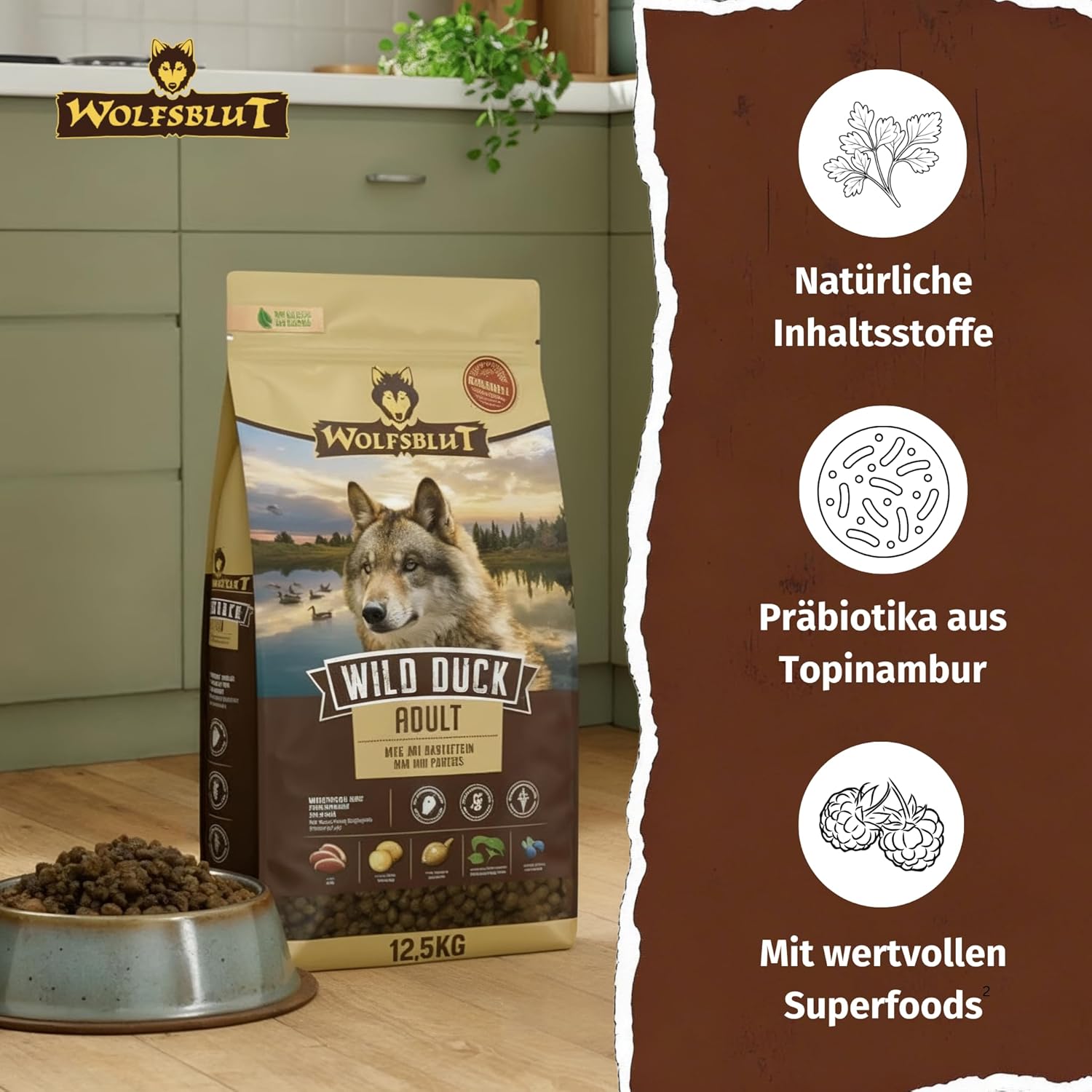 WOLFSBLUT – Wild Duck Adult | Trockenfutter mit natürlichen Zutaten und Superfoods für ausgewachsene Hunde. Getreidefreies Alleinfutter ohne Zusatzstoffe im Beutel | 12,5kg Ente