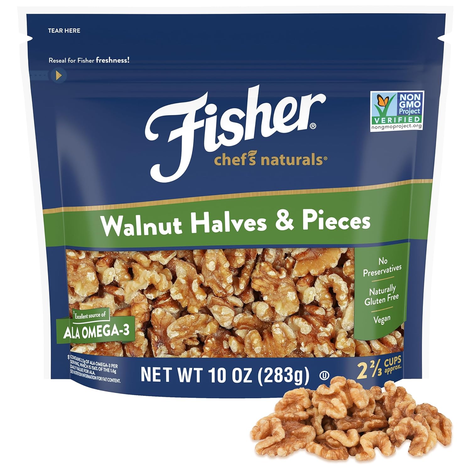 Fisher Chef's Naturals Walnut Halves & Pieces 2 lb, 100% California Unsalted Walnuts for Baking & Cooking, Healthy Snacks for Adults, Resealable Bag, Vegan Protein, Keto Snack, Chopped Nuts, Topping