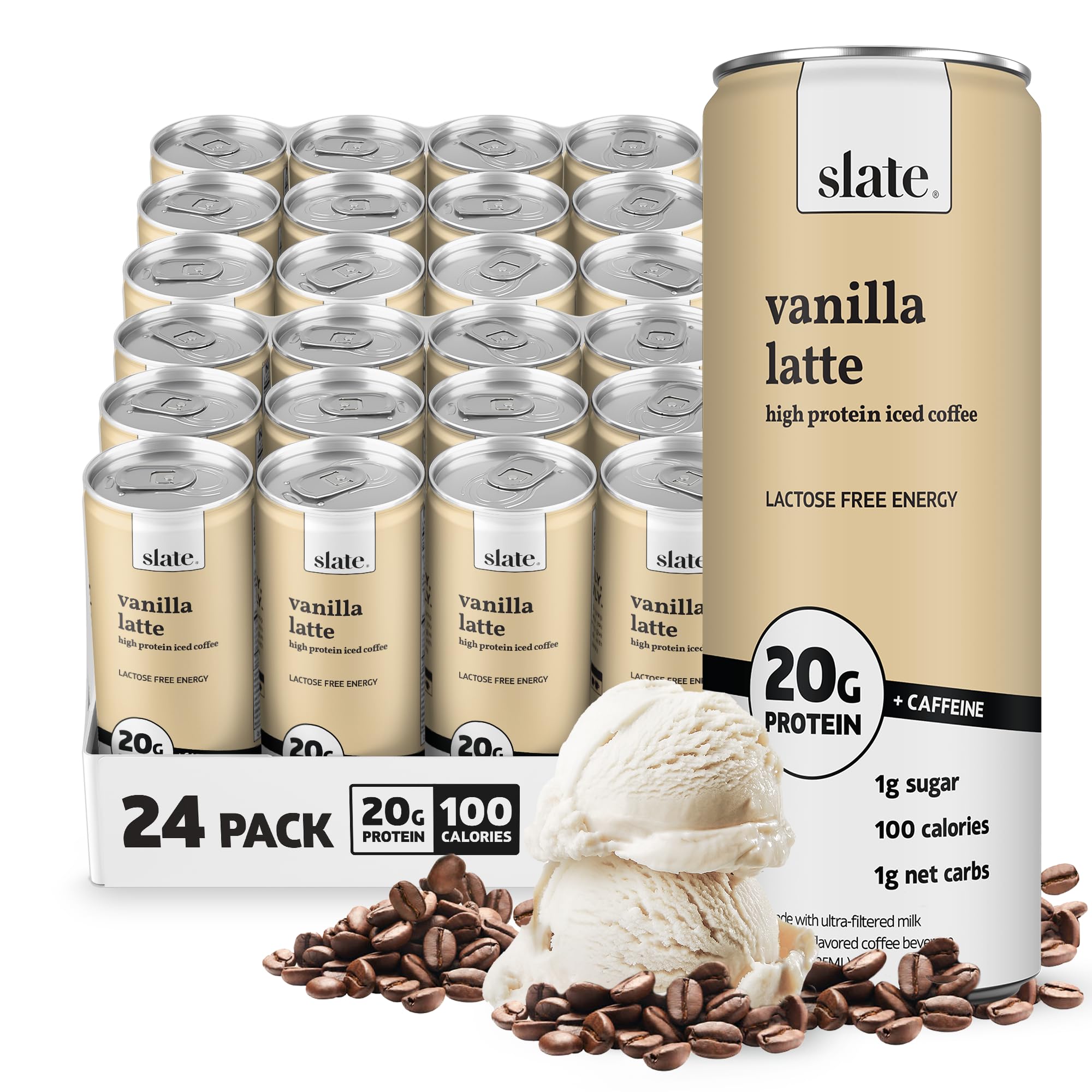 Slate Milk - High Protein Milkshake - French Vanilla - Lactose-Free, 20g Protein, 1g Sugar, 100 Calories, 1g Net Carbs, No Added Sugar - Natural, Breakfast Boost, Post Workout - 11 fl oz, 12 Cans